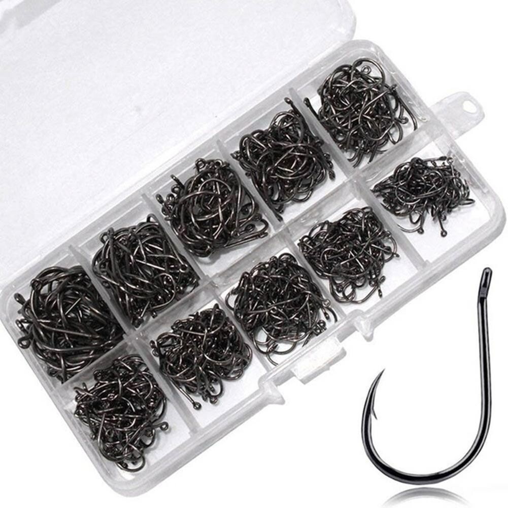 100pcs Fish Hooks 10 Sizes Fishing Black Silver Sharpened With Box Quality kit