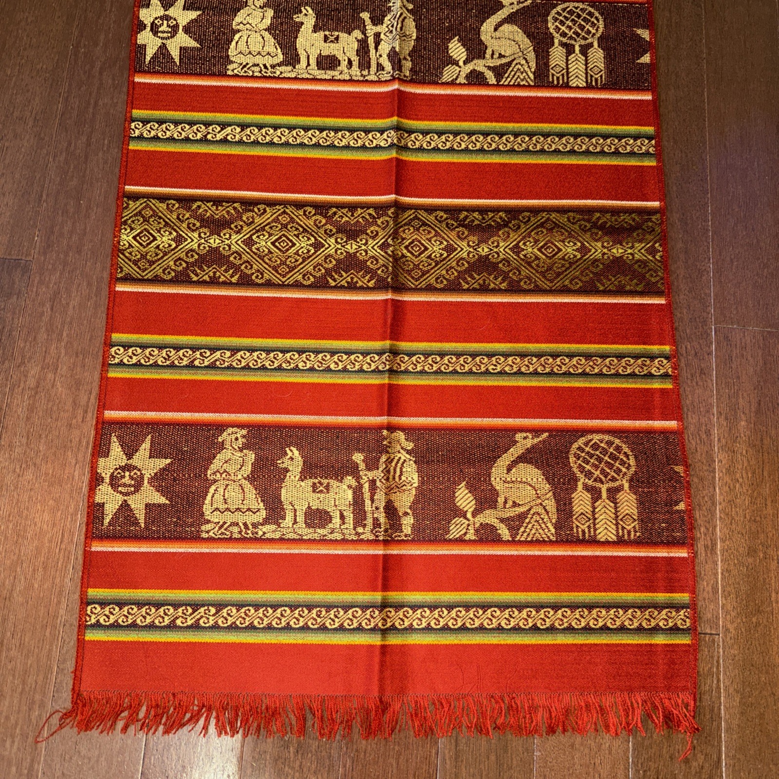 Andean Peruvian Handmade Textile Table Runner, Scarf 20X 66”, Alpacas Rust Red