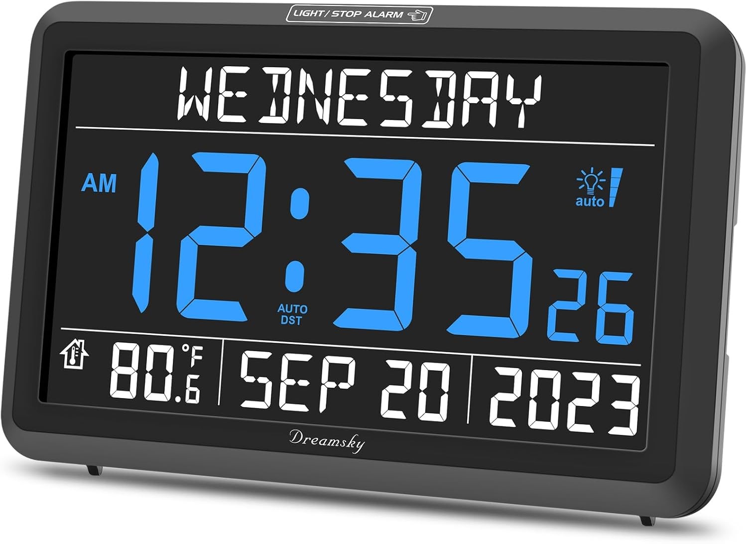 DreamSky Digital Clock with Date and Day of Week - Large Calendar Blue