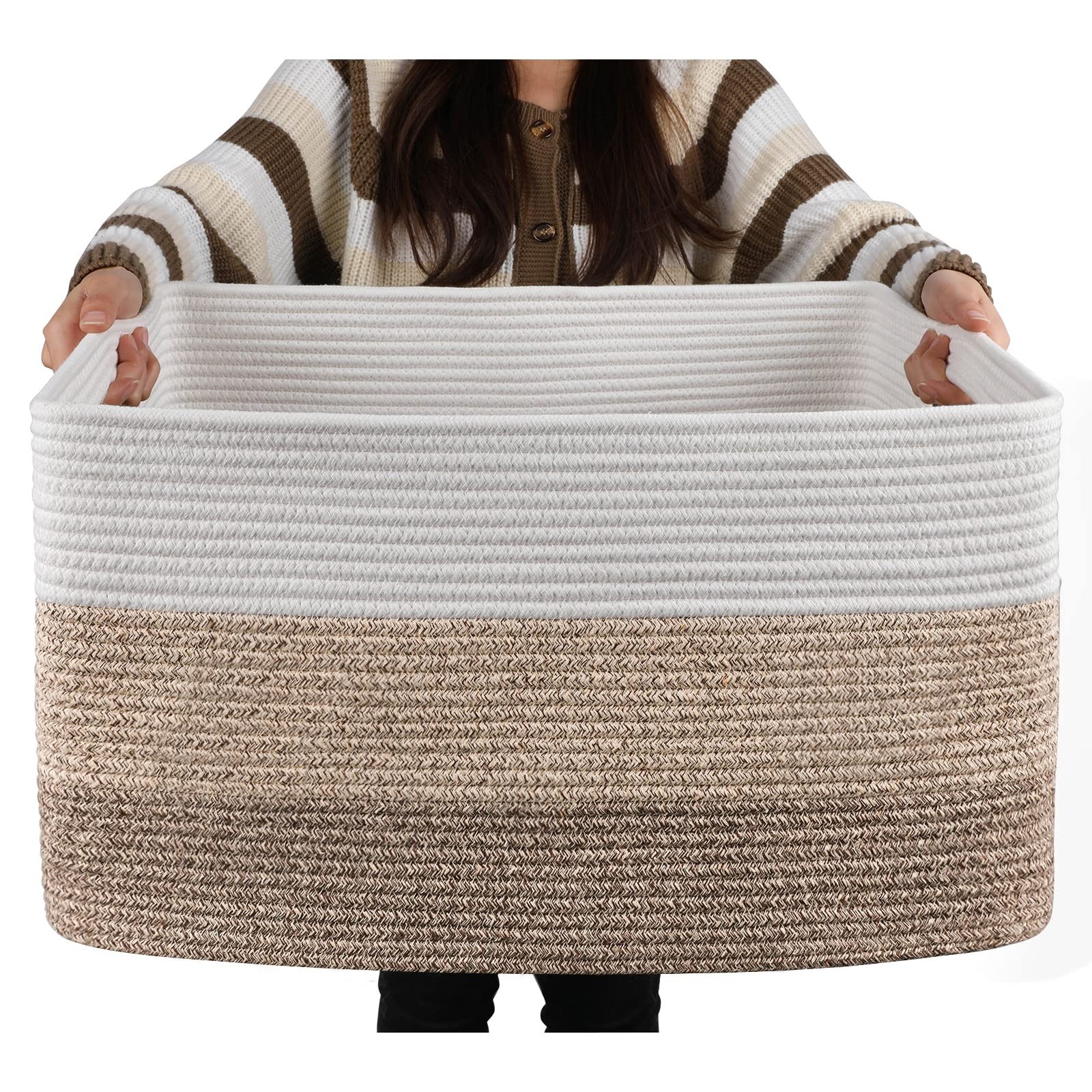 Large Blanket Basket, 22”x17”x12” Rectangle Woven Baskets, Nursery Blanket St...