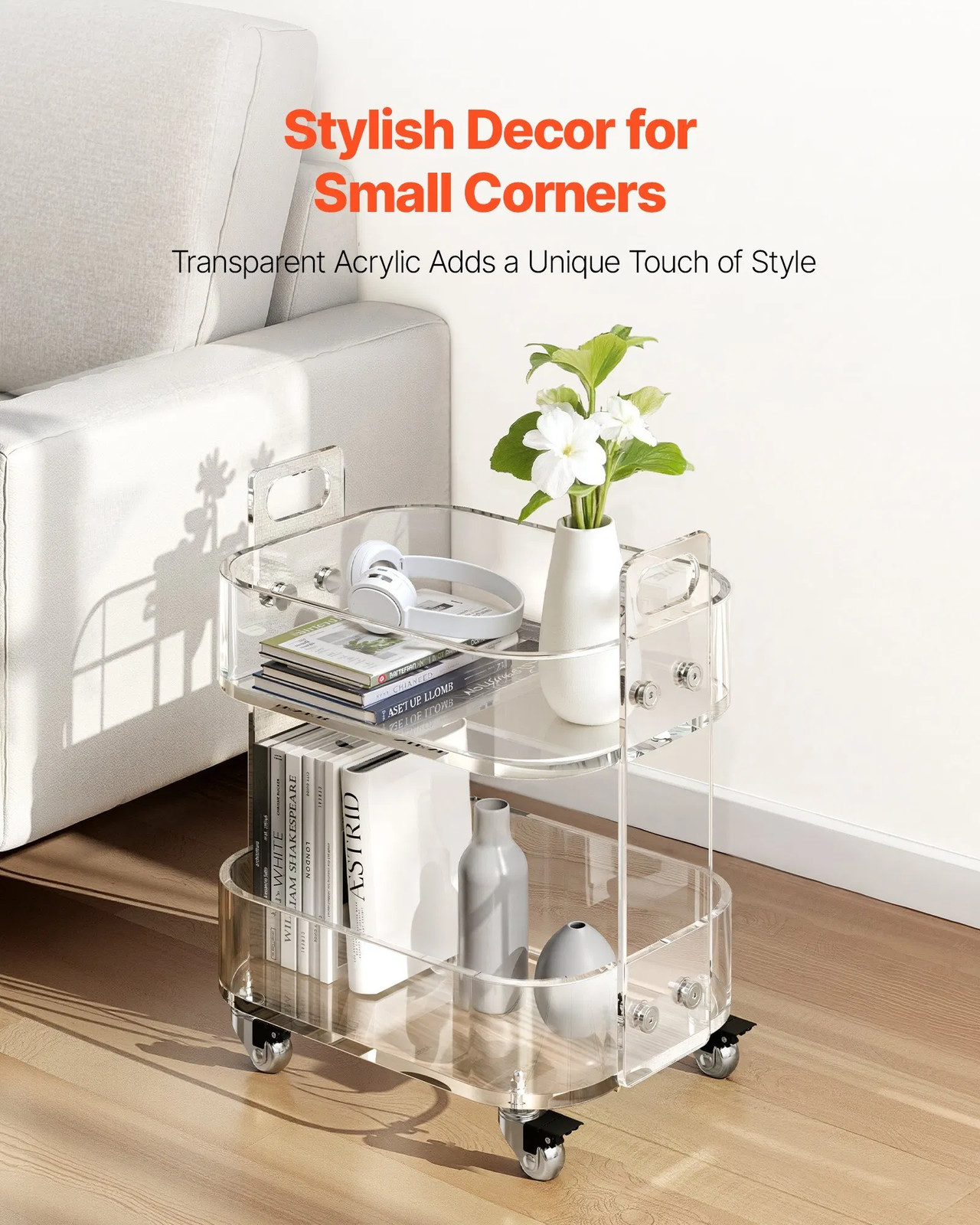 Acrylic Table with Wheels, 2 Tiers Mobile Cart Table, Modern Rolling Acrylic Sto