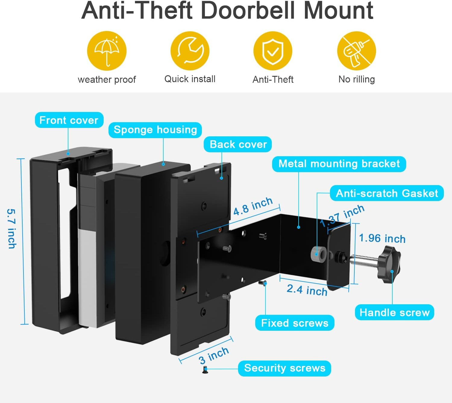 Anti-Theft Doorbell Door Mount,No-Drill Mounting Bracket Compatible with Vide...