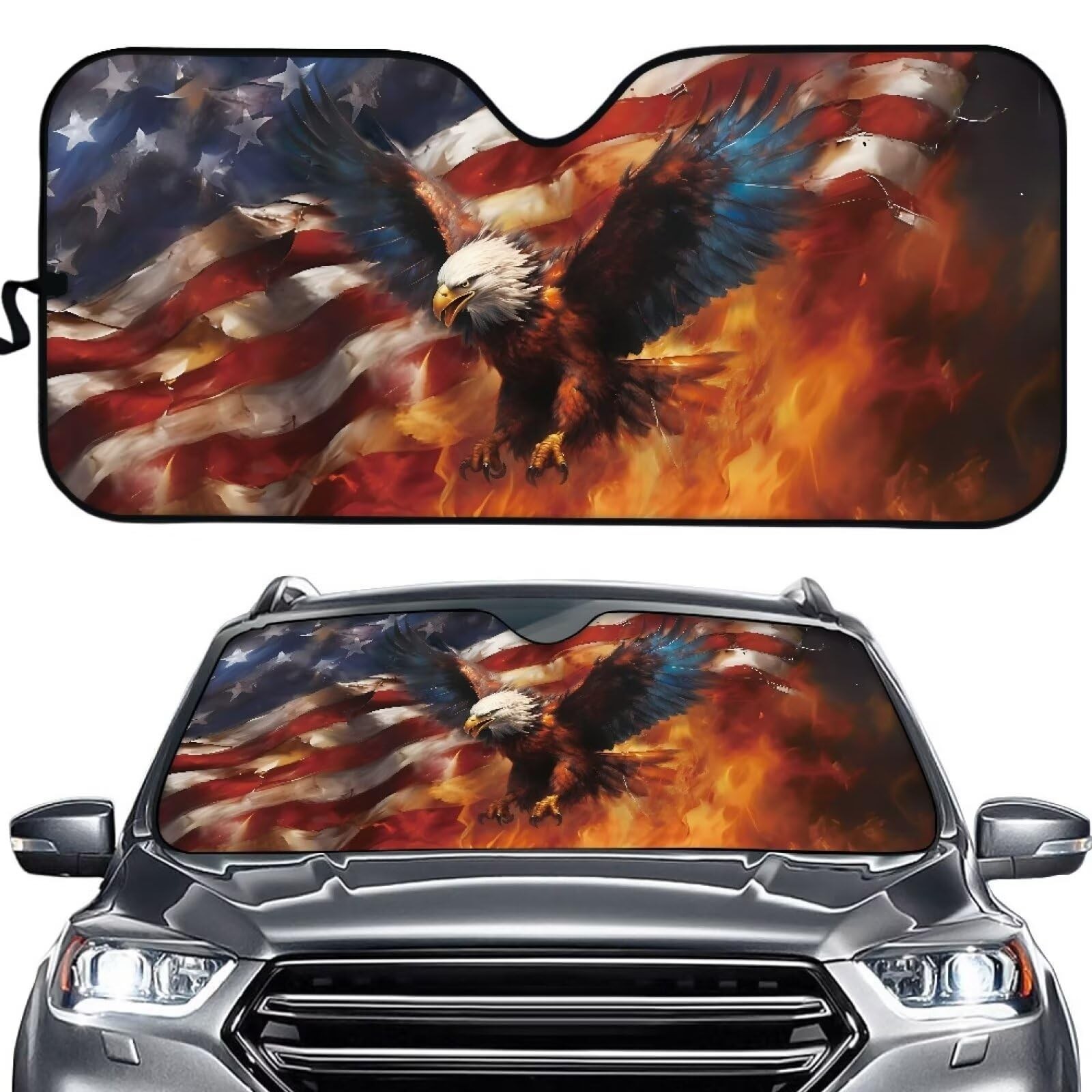 American Flag Eagle Car Windshield Sun Shade, Foldable Sunshade for Front Win...