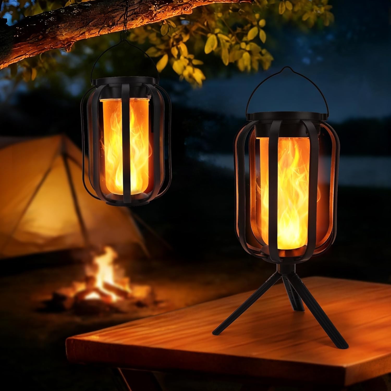Rechargeable Solar&Battery Powered Lantern Outdoor Lamp Waterproof Flame Lights