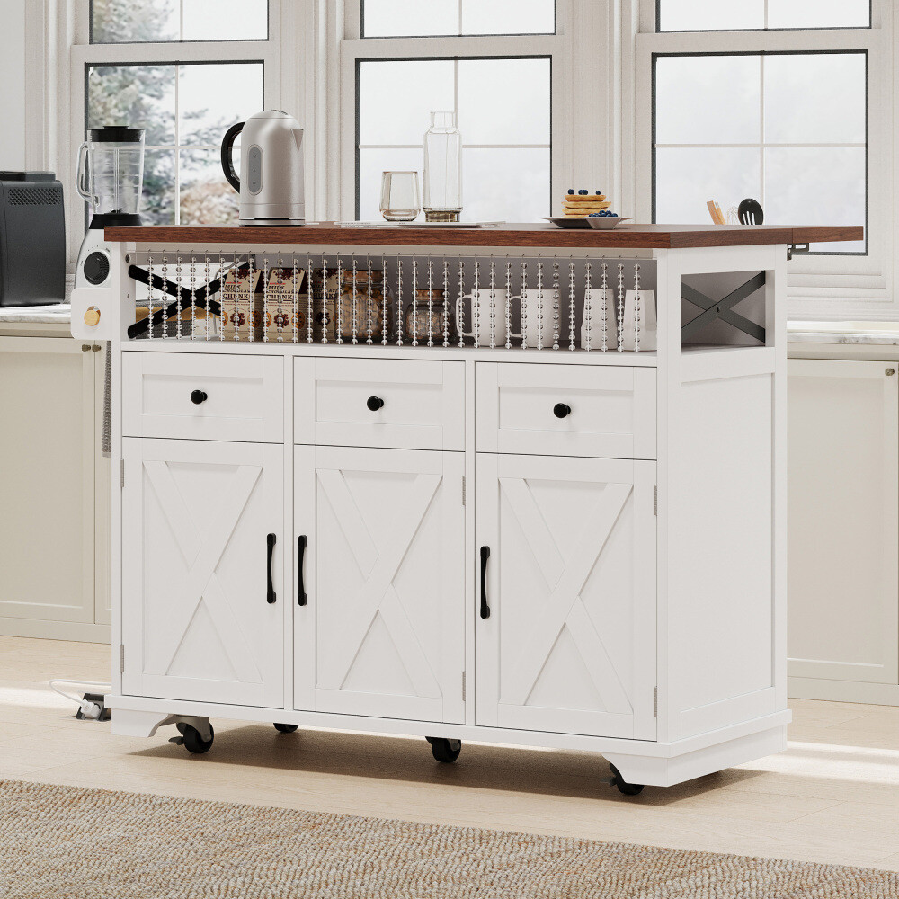 46.5'' Farmhouse Kitchen Island Rolling Kitchen Cart w/Drape of Beads,3 Drawers