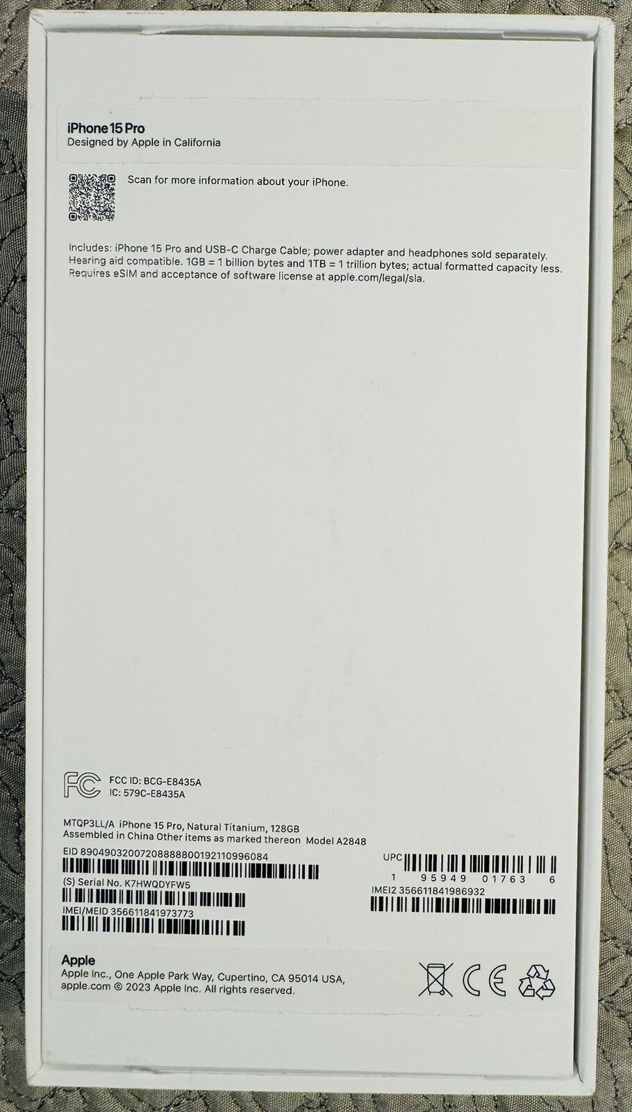 Apple iPhone 15 Pro Natural Titanium 128GB - EMPTY BOX IN EXCELLENT CONDITION