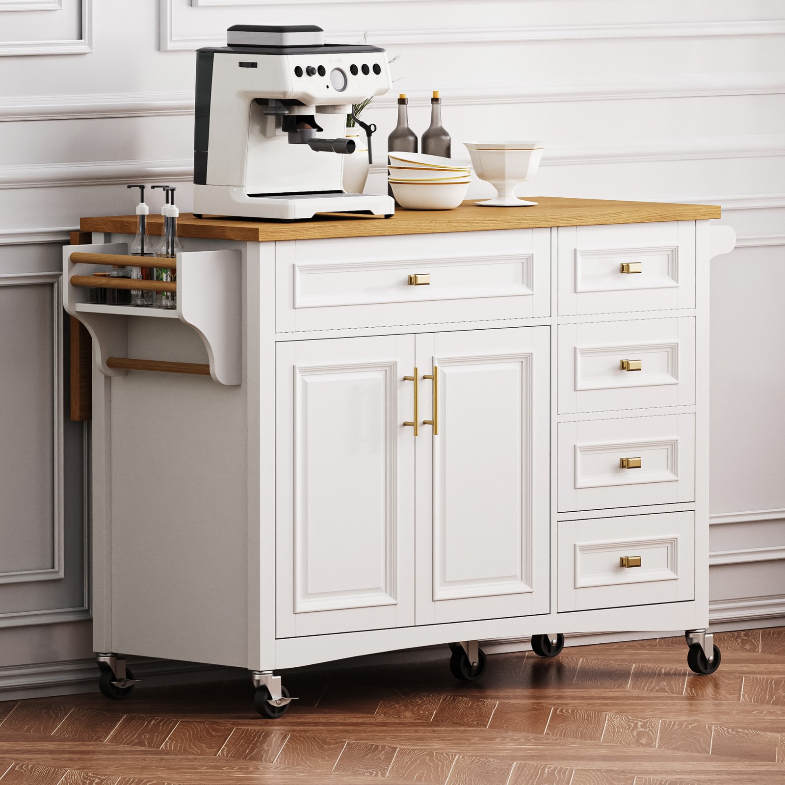 K&K 52'' Kitchen Island with Drop Leaf, Embossed Texture Kitchen Island on Whe