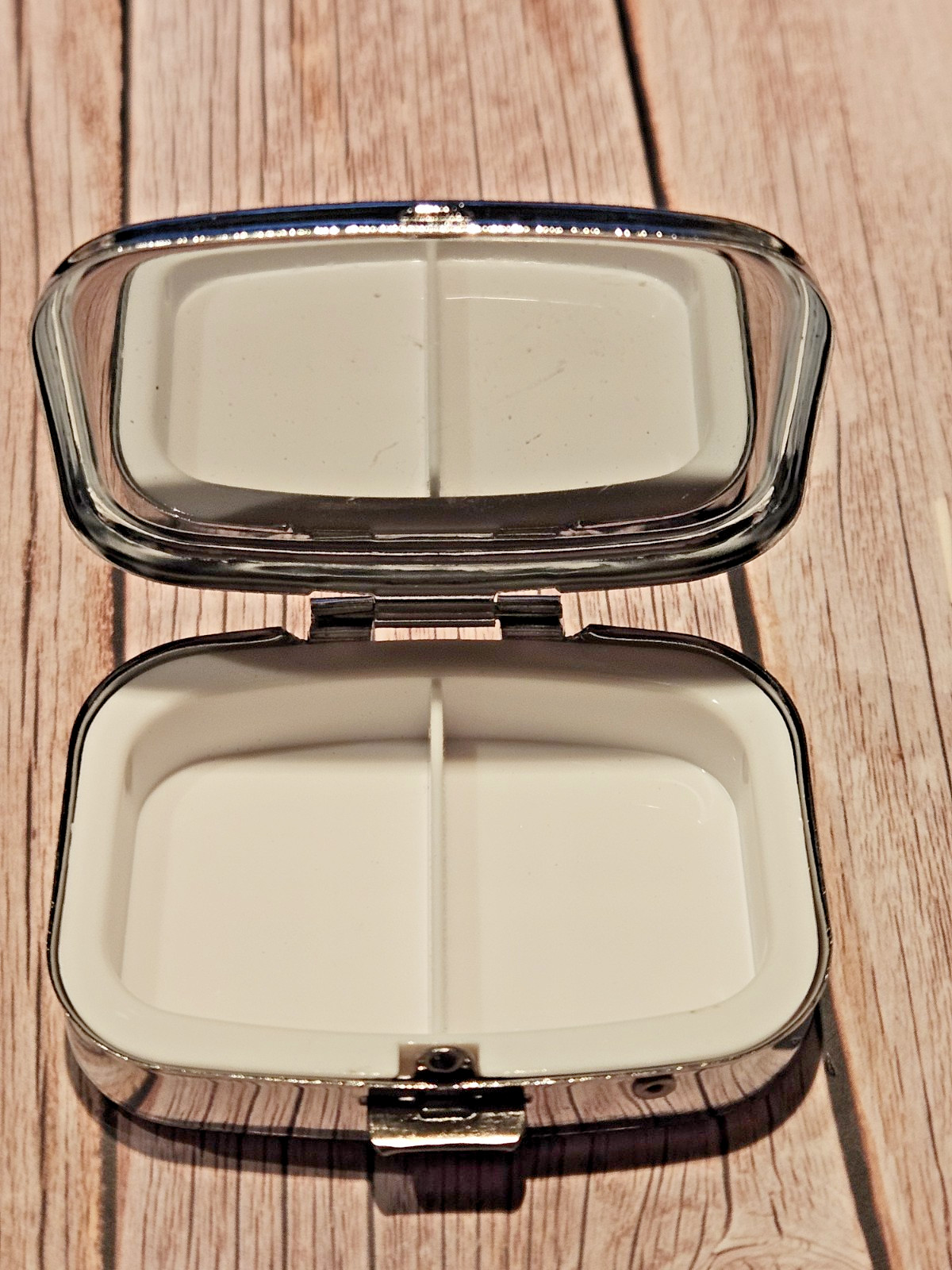 Iris Pill Box 2 Compartment Silver Tone Rectangular New Stained Gass Style