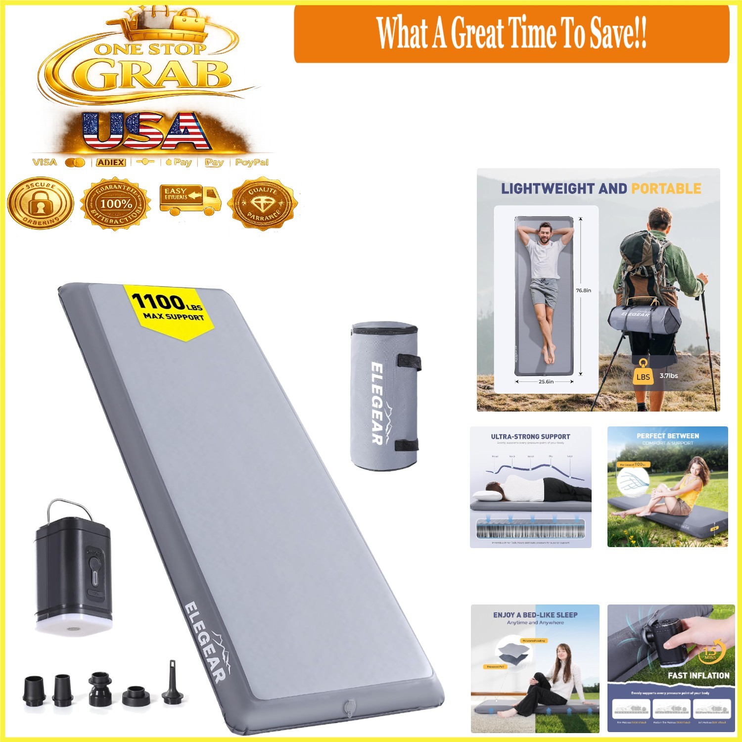 Ultra-Thick Camping Sleeping Pad with Electric Pump 1100lb Support Light Grey