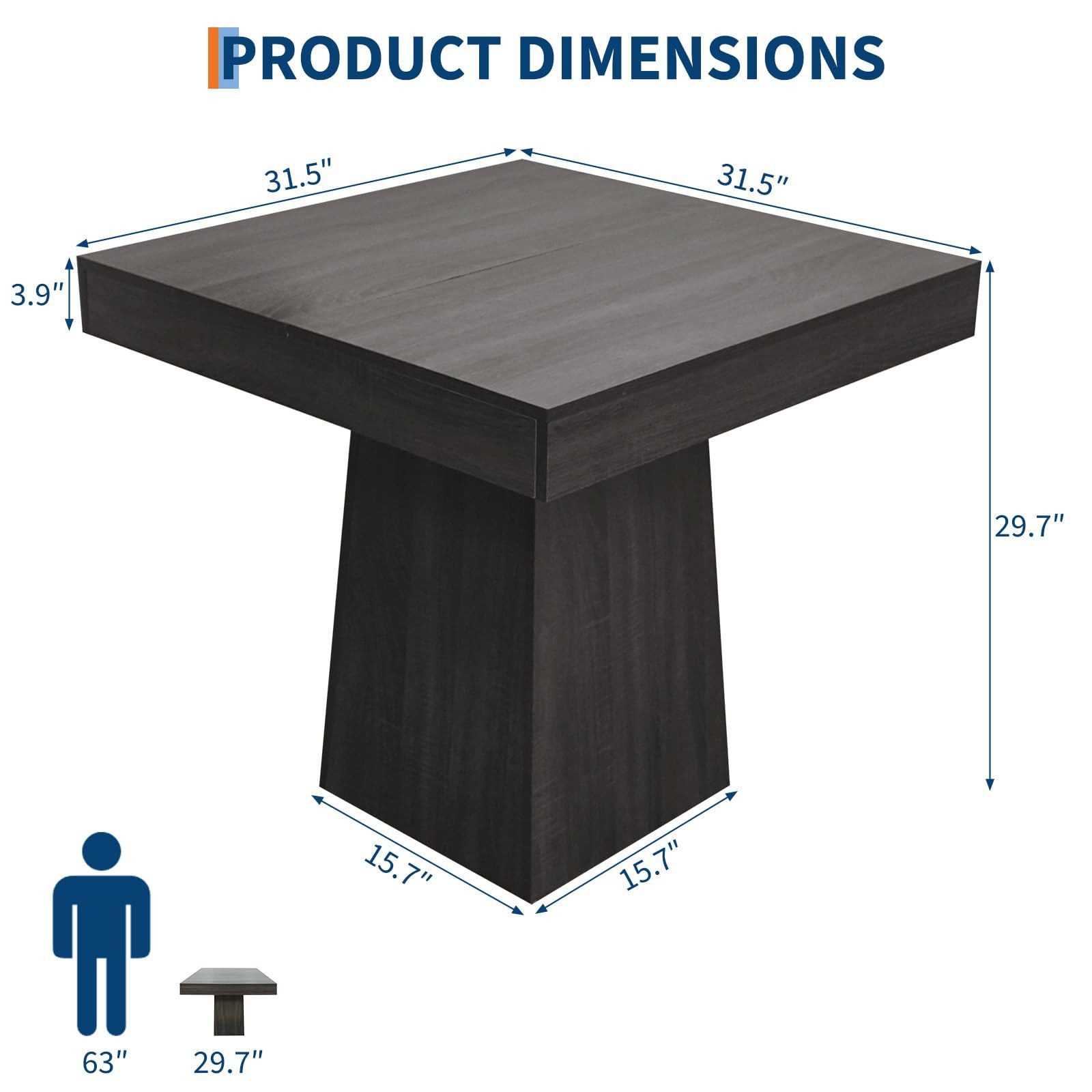 Square Dining for 4, 31.5'' Small Kitchen Table with Pedestal Base Farmho Table