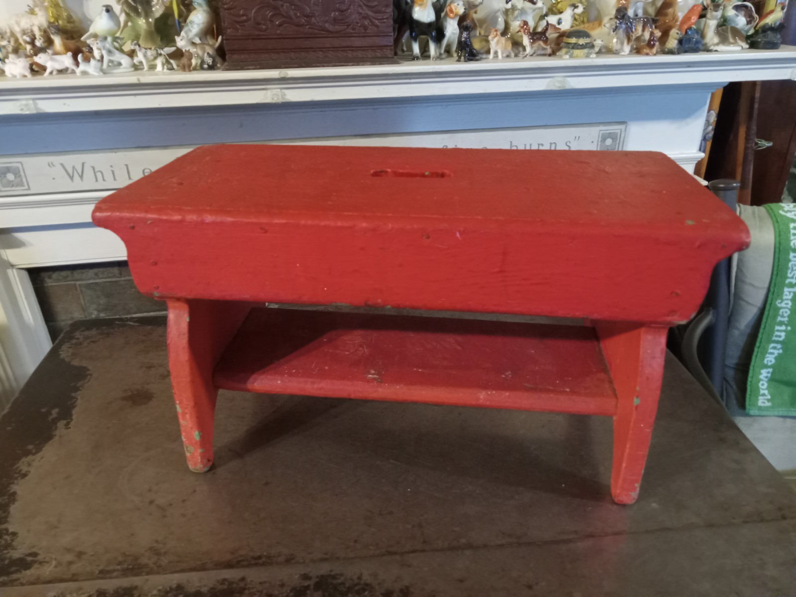 Vintage Handmade Wooden Milking Stool Old Red Paint Country Farm Barn Wood