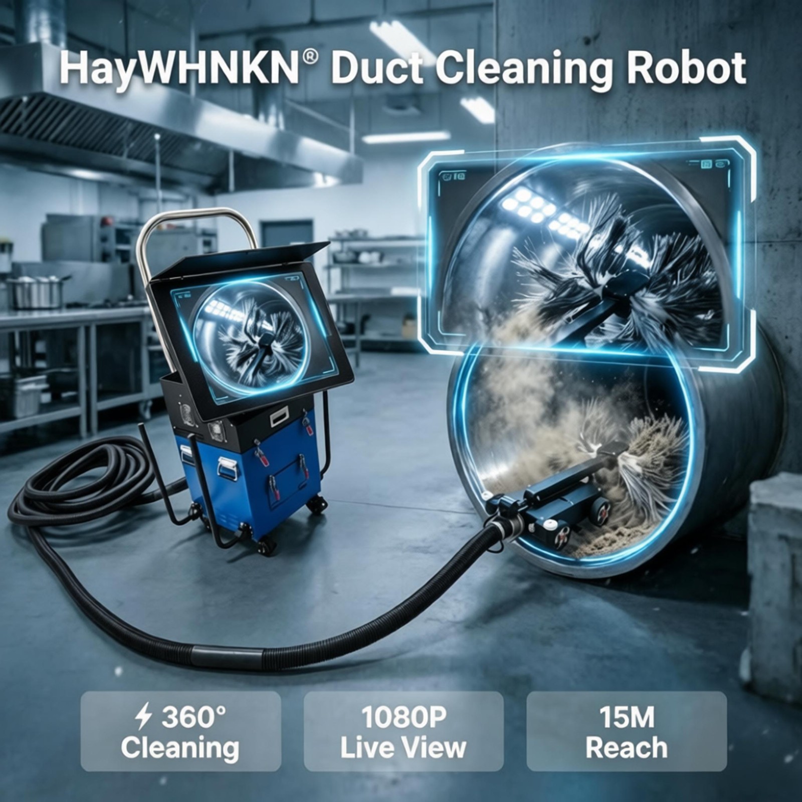 250-800mm Pipe Inspection & Cleaning Robot w/ Remote, 1080P Cam*2, 30° Climb