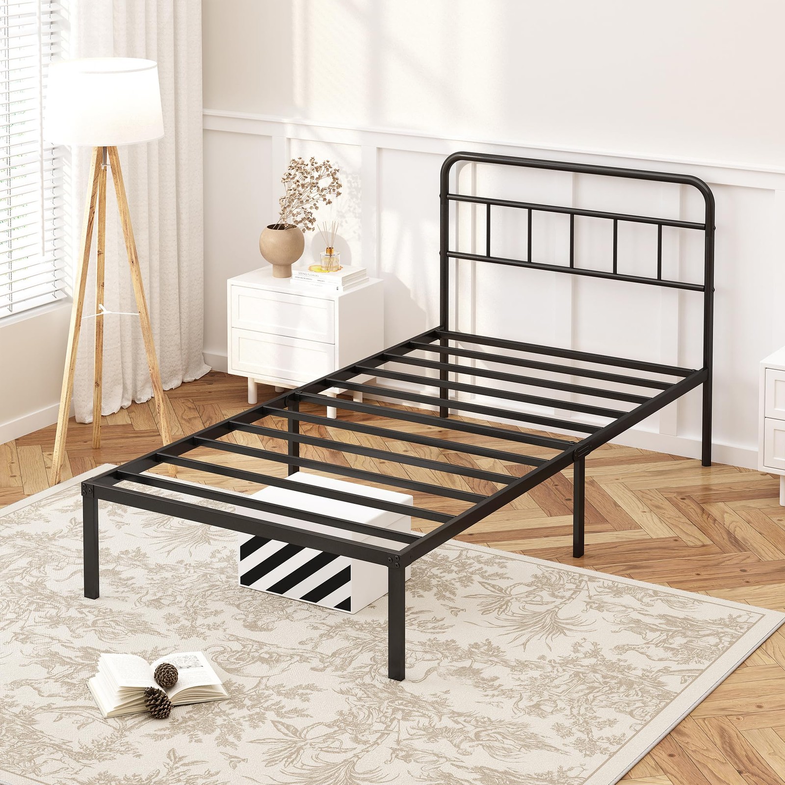 Twin Size Metal Bed Frame with Headboard, Platform Base, Black