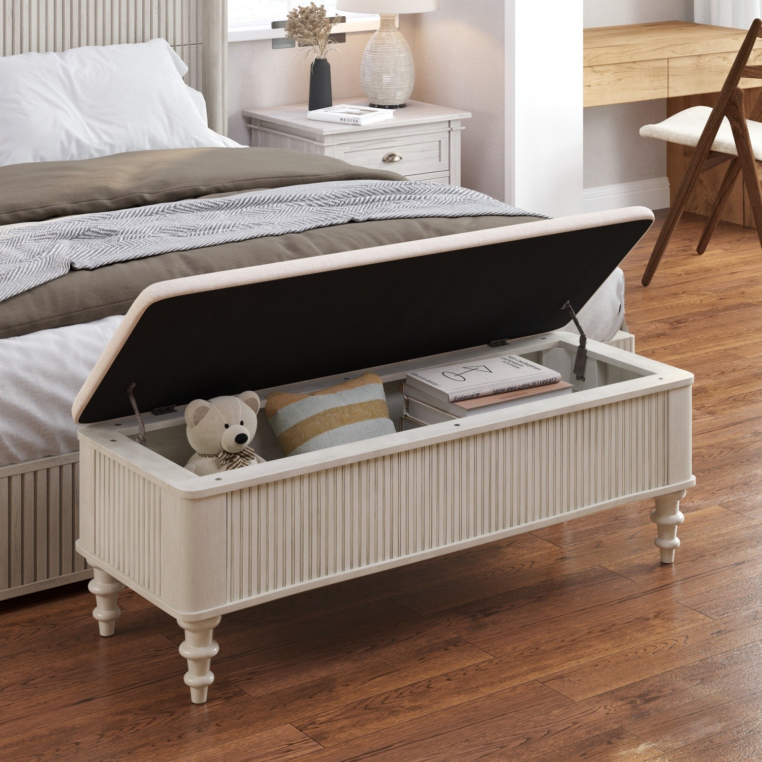 Modern Storage Ottoman Bench – Solid Rubberwood End of Bed Linen Footrest Seat