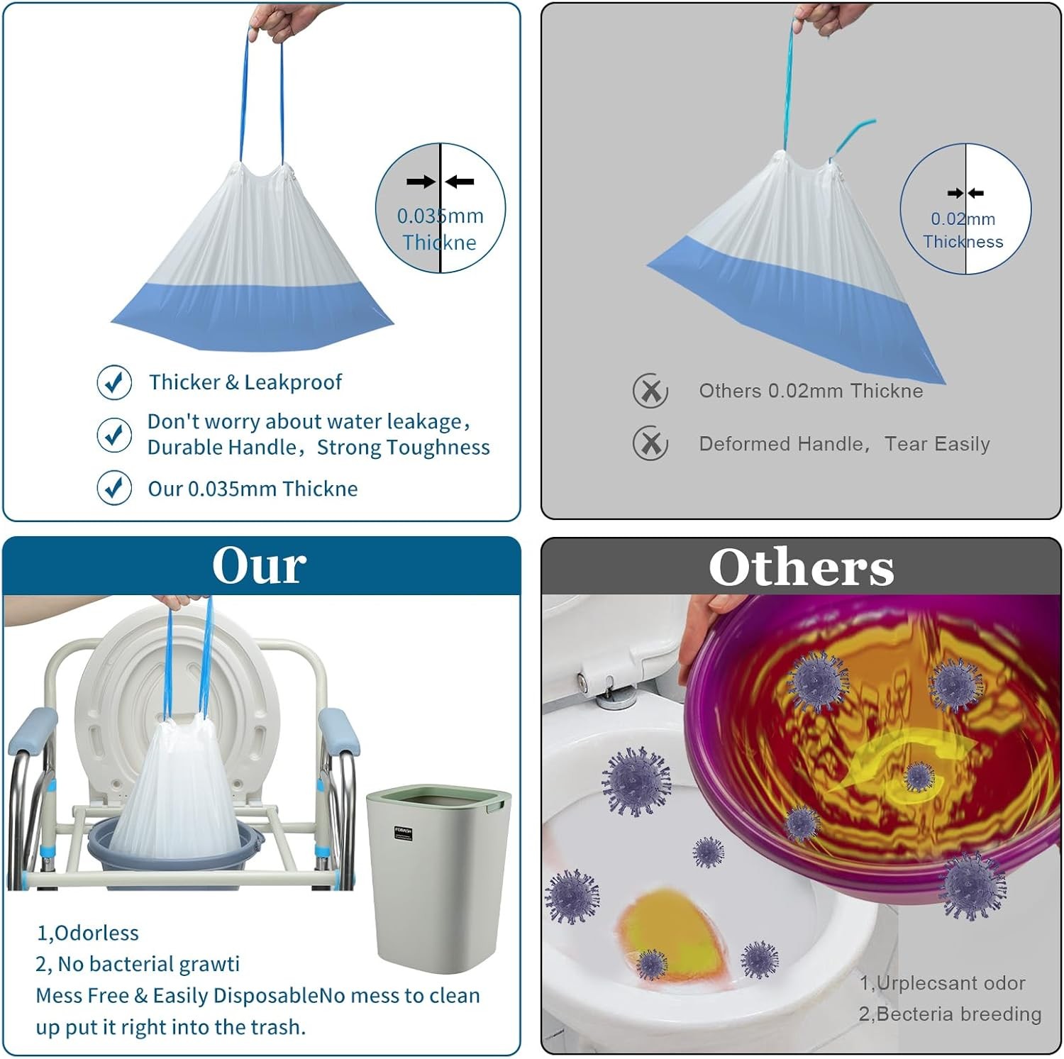 Commode Liners with Absorbent Pads | 100Bags+100Pads 1 Count (Pack of 100)