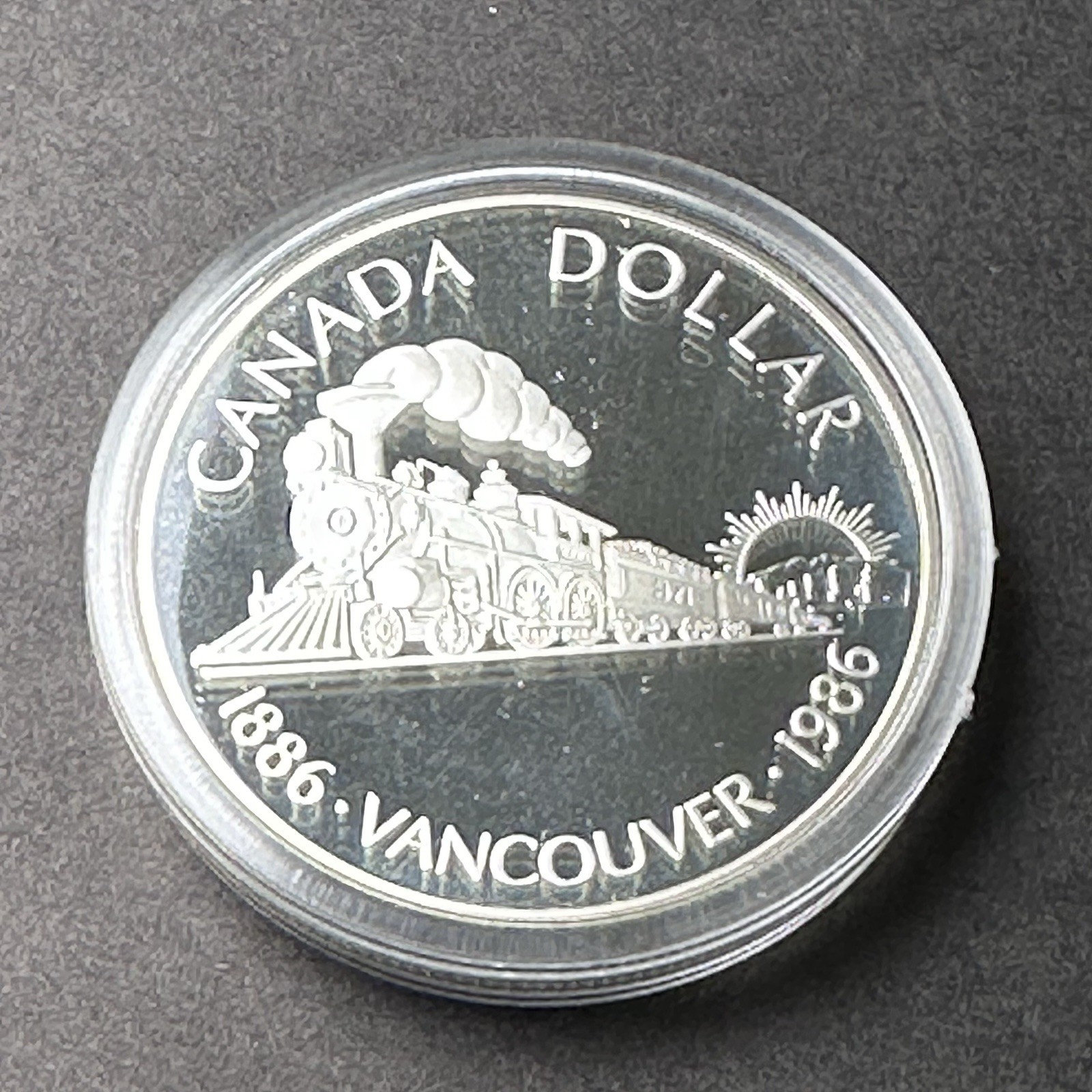 1986 CANADA DOLLAR PROOF VANCOUVER TRAIN .500 SILVER COIN WITH ORIGINAL BOX