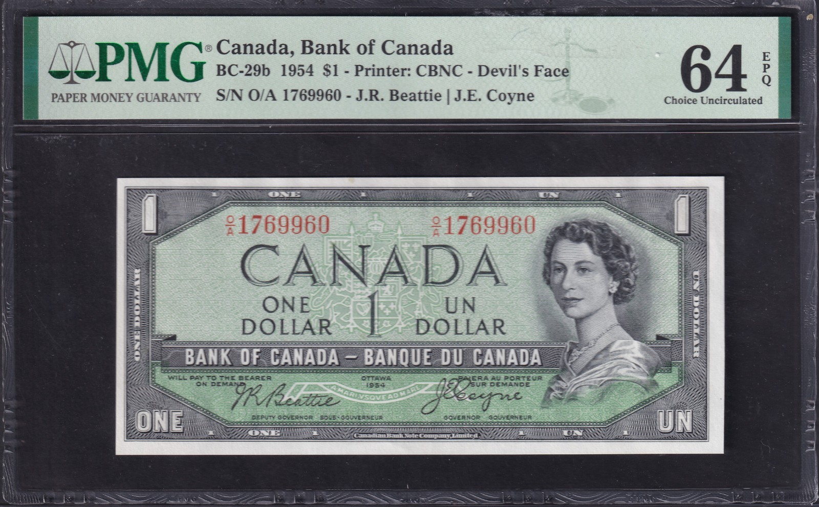 Canada 1954 $1 One Dollar Banknote Devils Face Beattie - Coyne PMG Graded CUNC64