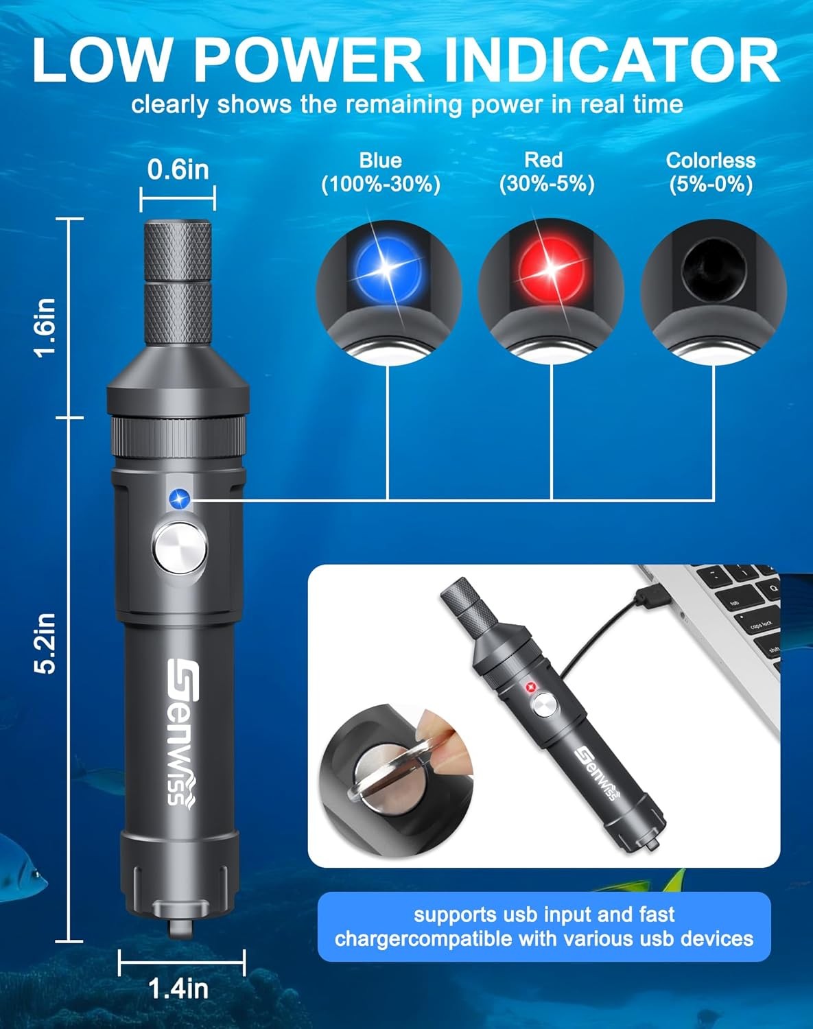 Genwiss 2000LM Scuba Diving Flashlight IP68 Waterproof Rechargeable Underwater