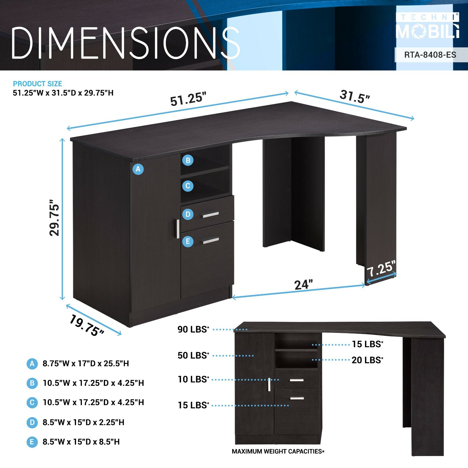 Techni Mobili Classic Office Desk Computer Workstation with Multiple Storages