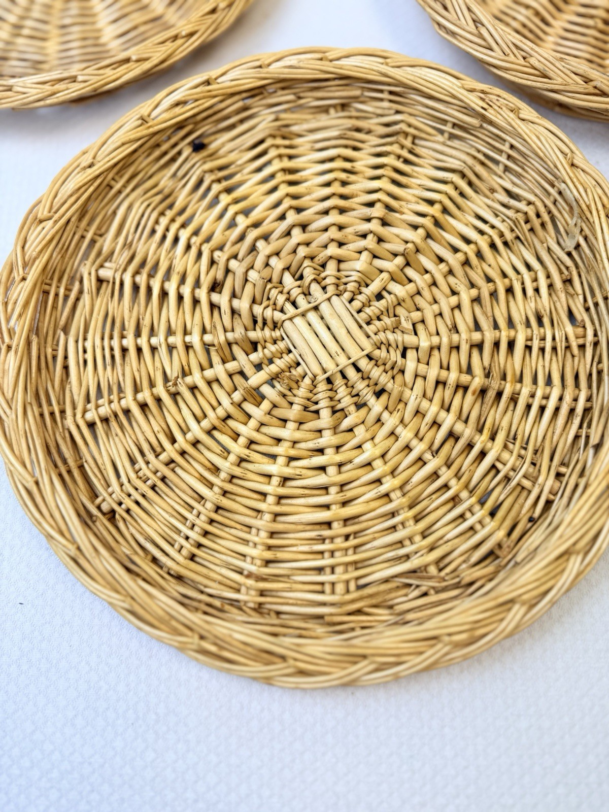 HEAVY Woven Wicker Rattan Round Wicker Plates 11” D With Sides LOT OF 3