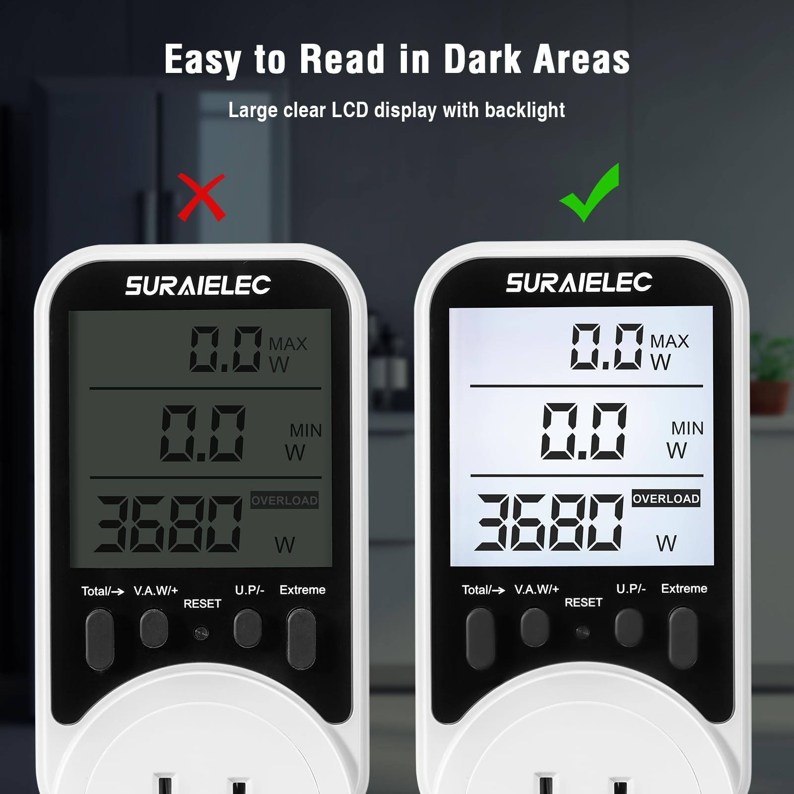 Watt Meter, Plug-in Socket Power Meter 90V-250V Wide Range Backlit Large Display