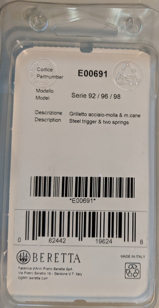 Beretta 92 96 Steel Trigger, Spring Trigger, D Hammer Spring E00691 Factory NEW