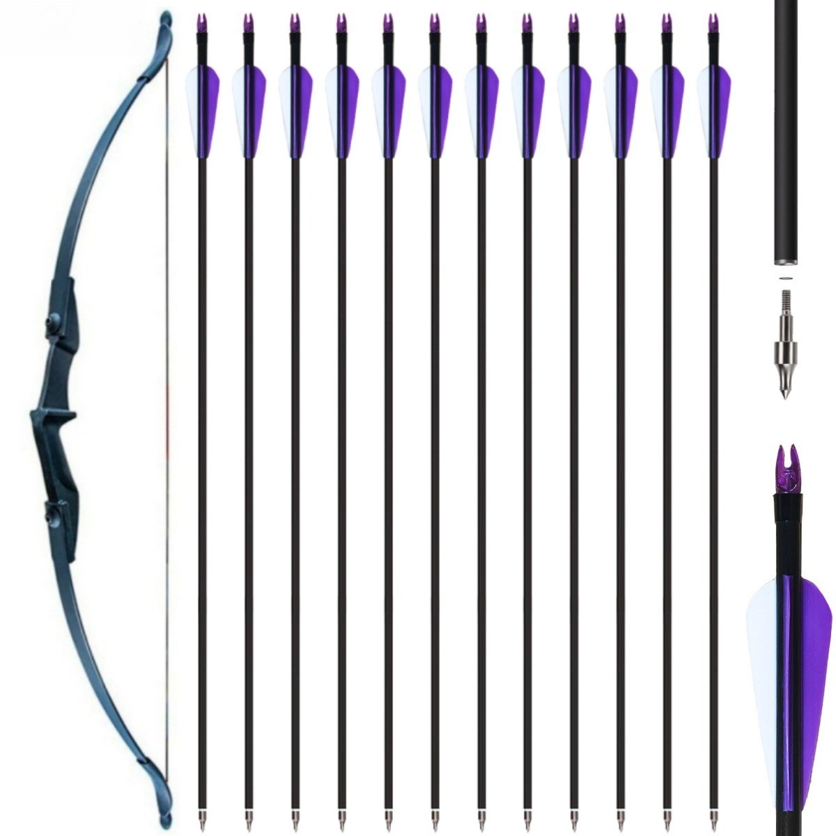 Archery Recurve Bow and Arrows Set 57 in Takedown Bow 12Pcs 30“ Fiberglass Arrow
