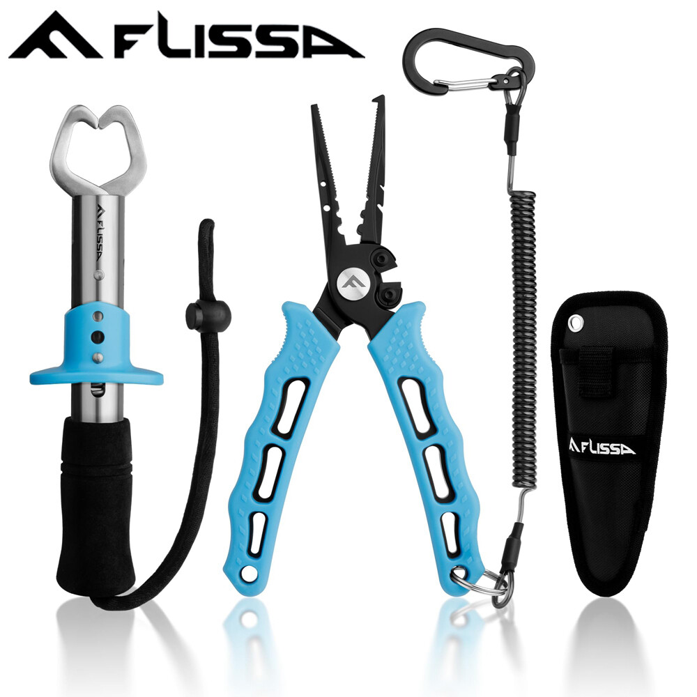 FLISSA 2PC Fishing Tool Kit Fish Lip Gripper Fishing Plier Hook Remover w/Sheath