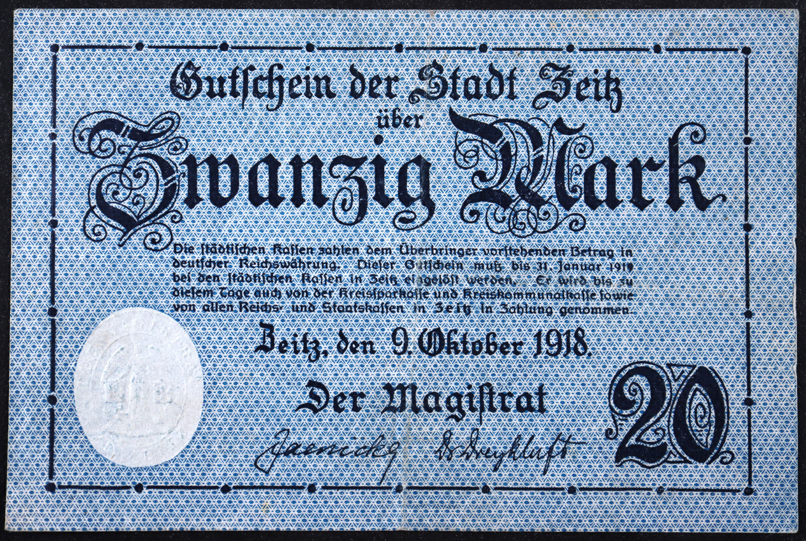 ZEITZ 1918 RARE 20 Mark Grossnotgeld German Notgeld Banknote