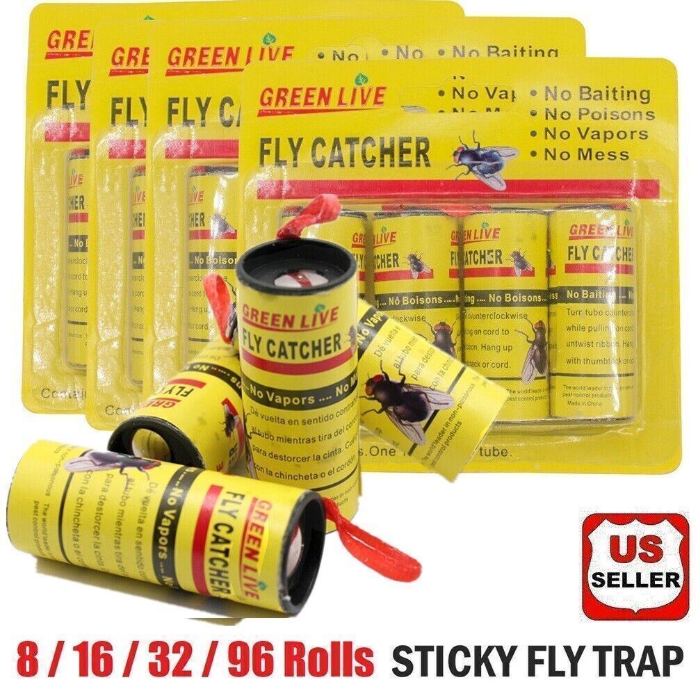 8/16 Rolls Insect Bug Fly Glue Paper Catcher Trap Ribbon Tape Strip Sticky Flies