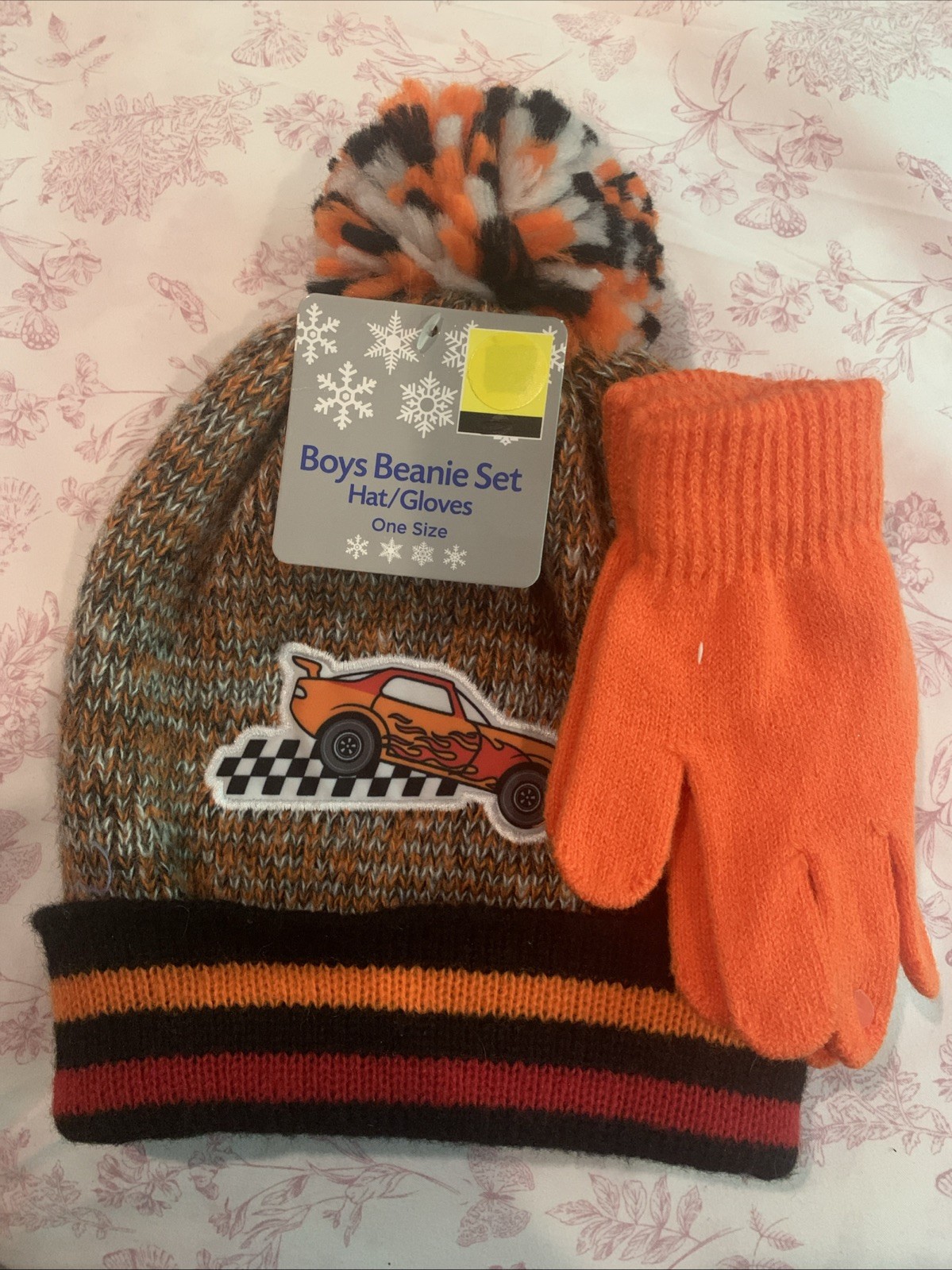 Black-Orange-Red Boys' Beanie & Gloves Set-RACECAR Applique-1 Size-Pom Pom  1057