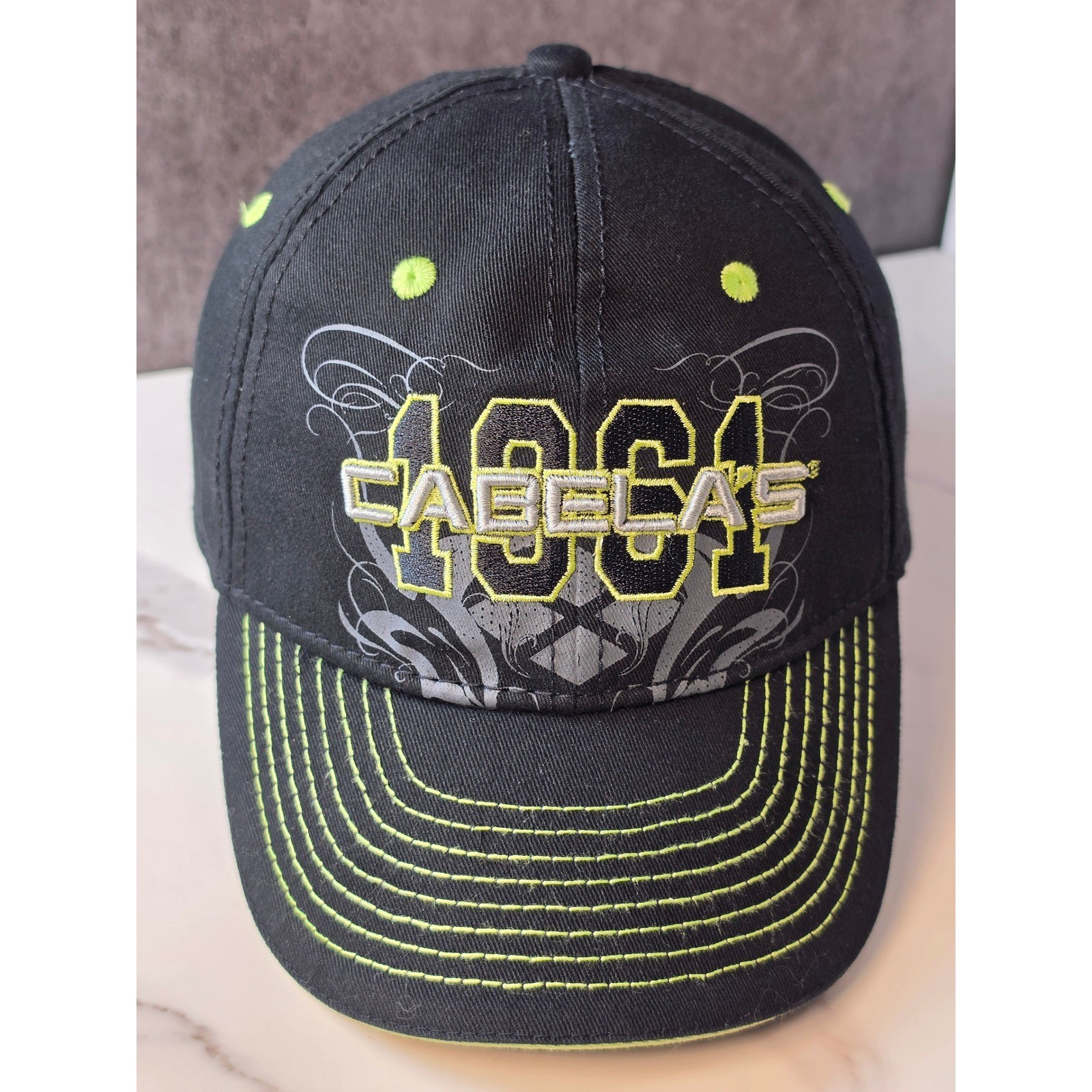 Cabelas 1961 Youth Black Lime Green Embroidered Stretch Fit Baseball Hat Cap