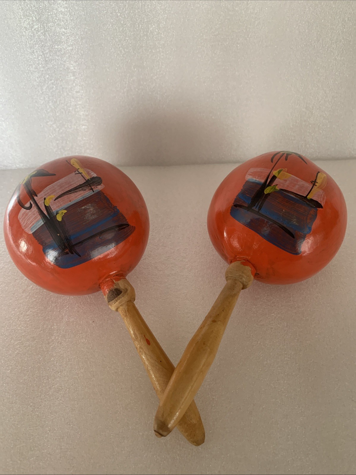 Set of 2 Wooden Maracas Hand Painted Red Folk Art Musical Shakers Latin Decor