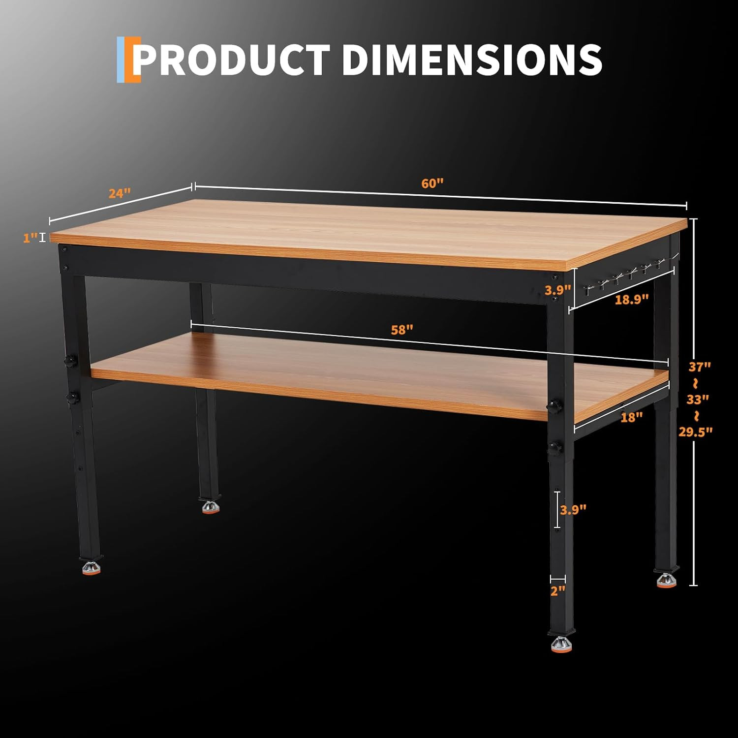 60" Work Bench with Storage Shelf, Adjustable Height Workbench, 60" X 24" Work B