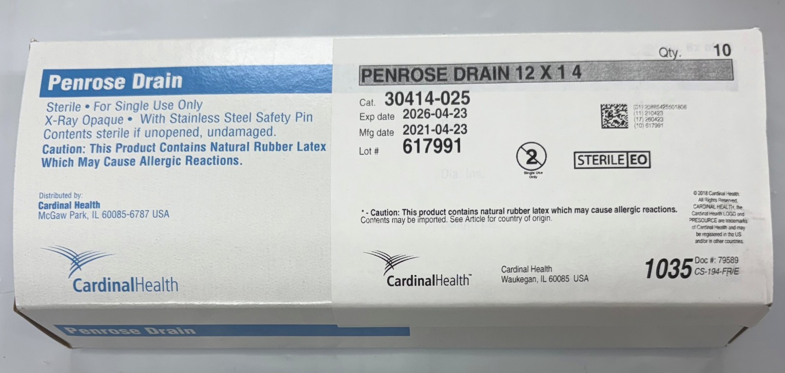 Box of 10 Cardinal Health 30414-025 Penrose tubing Drain 12" x 1/4"