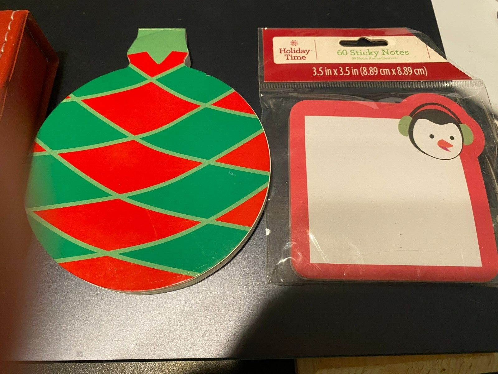 3 Notepads,  christmas ornament, 60 sticky notes and red case with paper, new