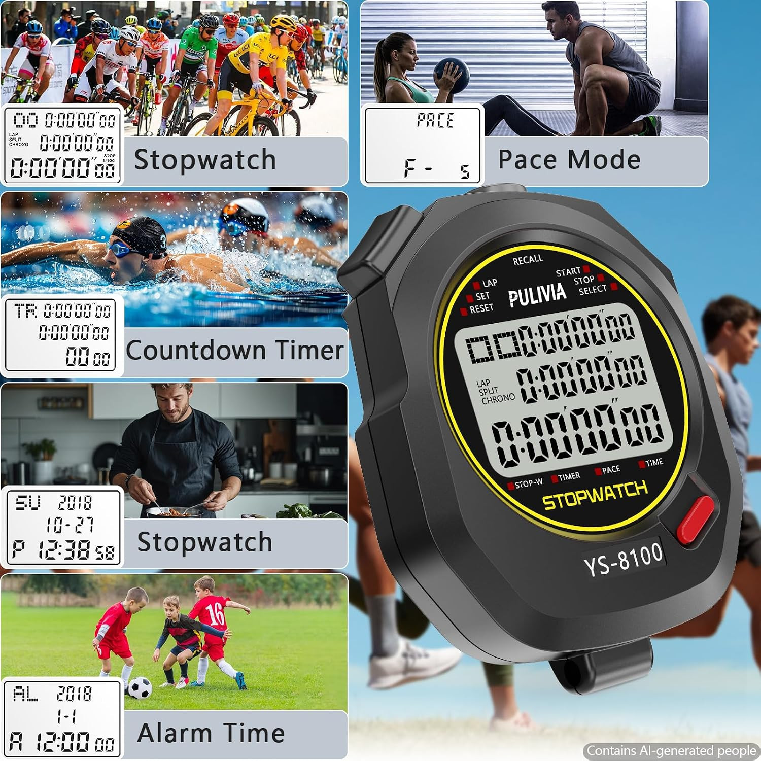 Digital Stopwatch Timer with Multi Splits/Laps and Large Display - Black