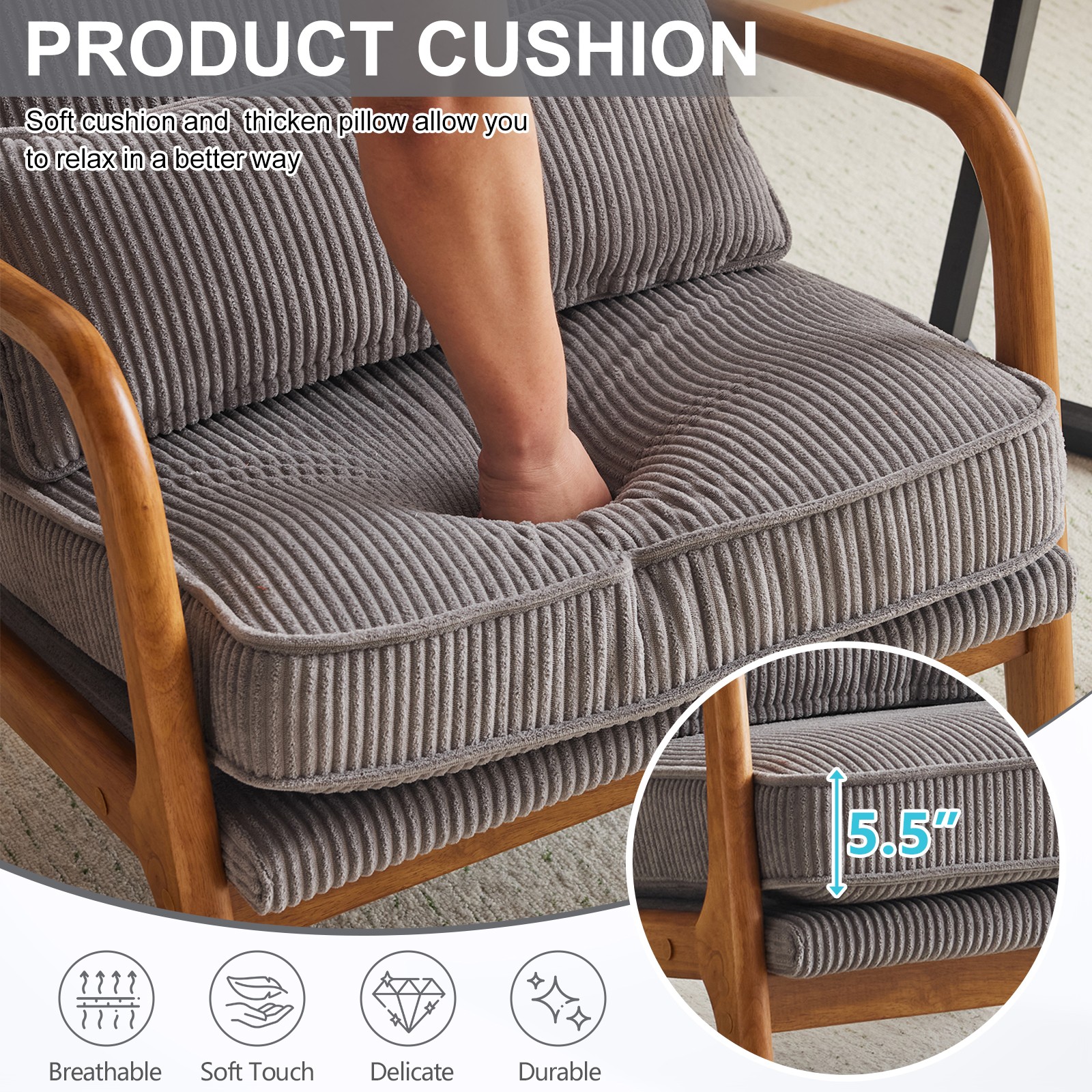 Light Gray Corduroy Upholstered Indoor Lounge Chair (330LBS Weight Capacity)