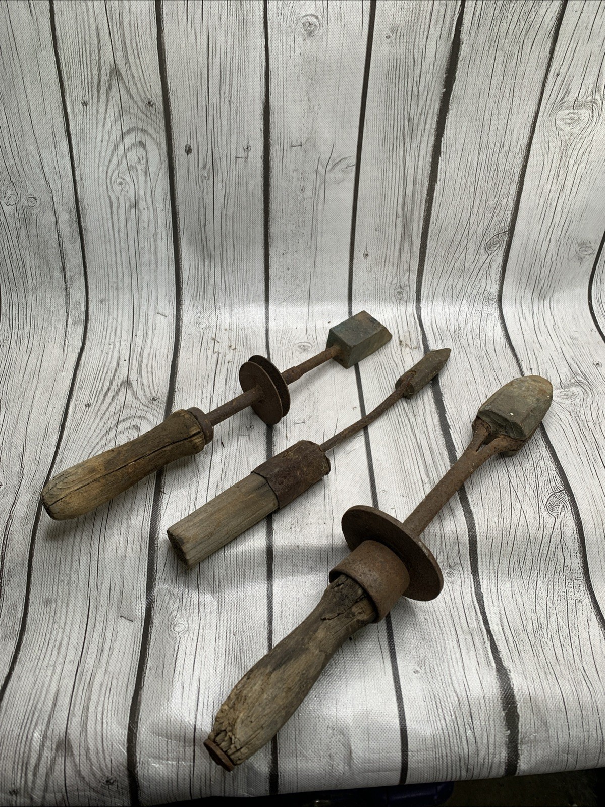 Lot of 3 Vintage Antique Copper Head Soldering Irons Wood Handle Tinsmith Tools