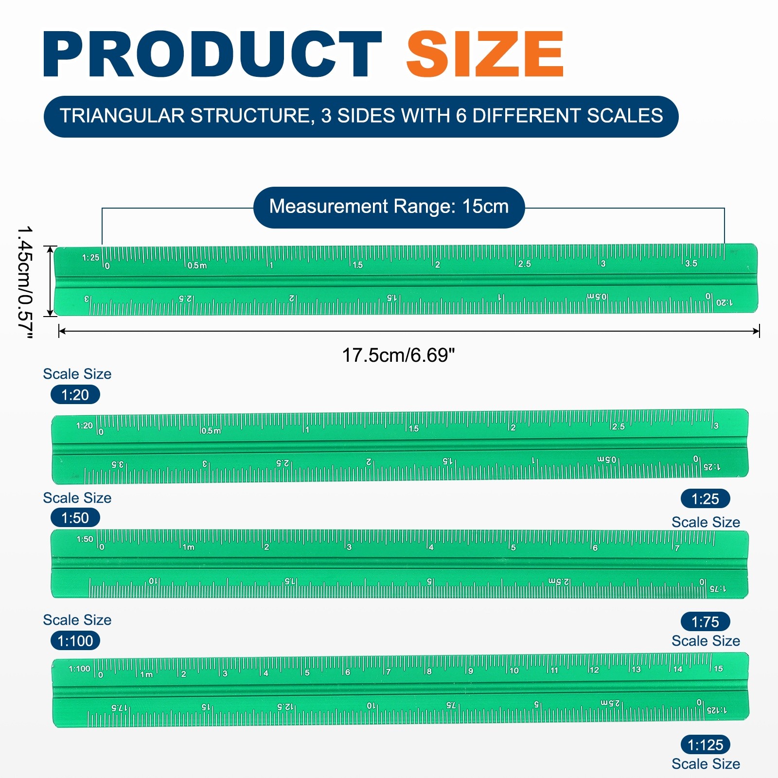 2 Pcs 7 Inch Metric Architectural Triangular Scale Ruler Small Scale, Green