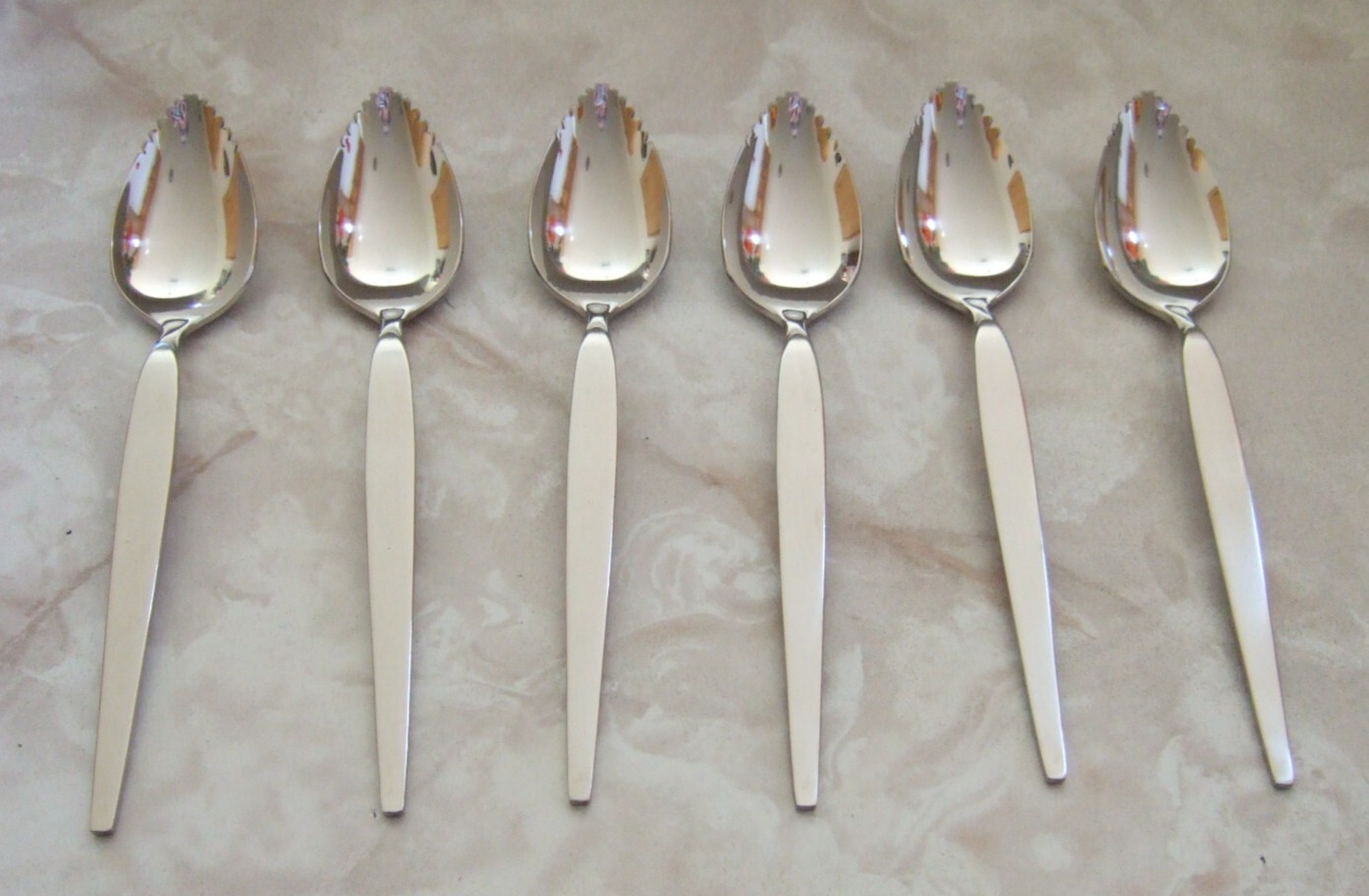 SET OF 6 FRUIT CITRUS SPOONS ONEIDA COMMUNITY SATINIQUE OLDER STAINLESS FLATWARE