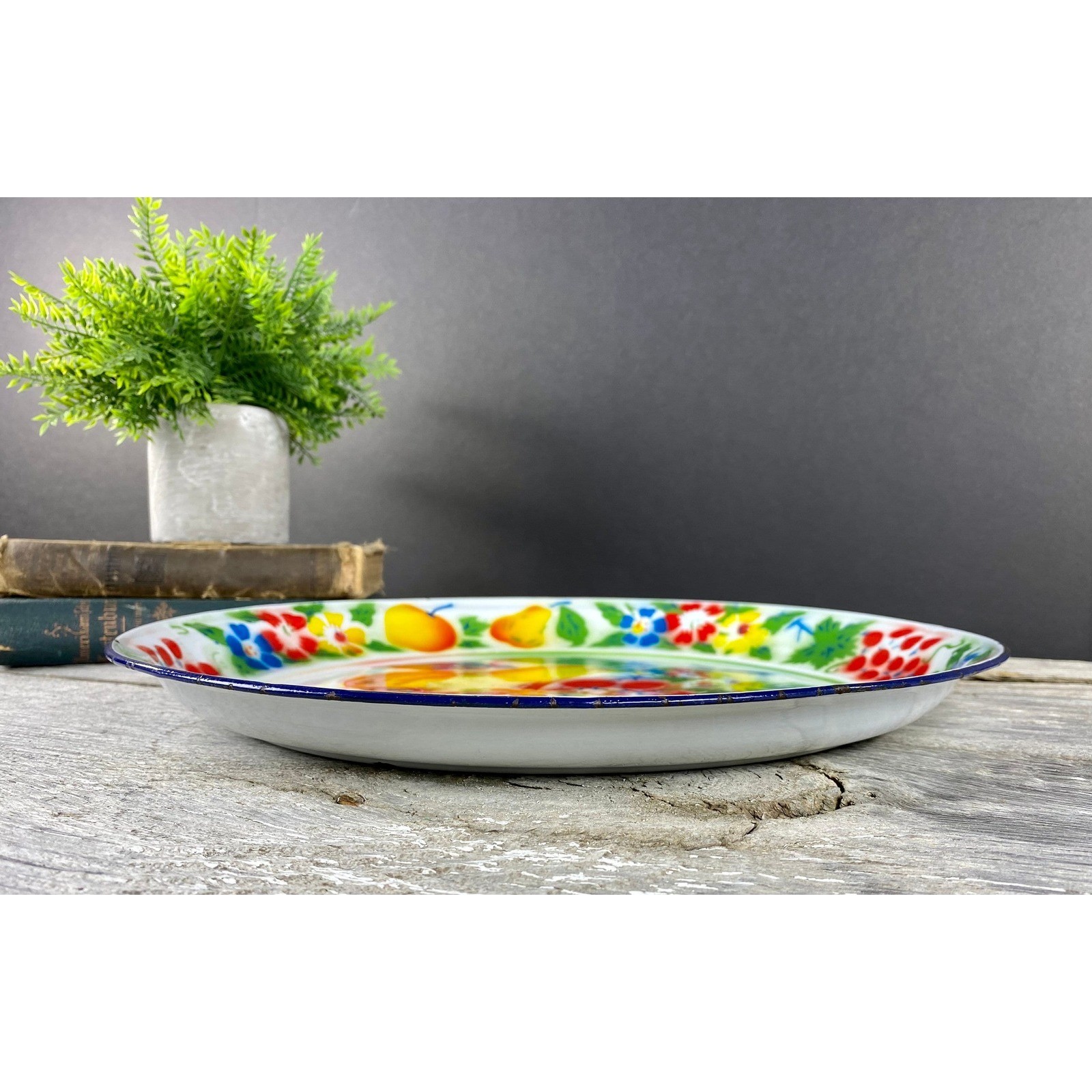 Rossini Enamelware Oversized Platter Fruit Graphics Round Tray Vibrant Colors