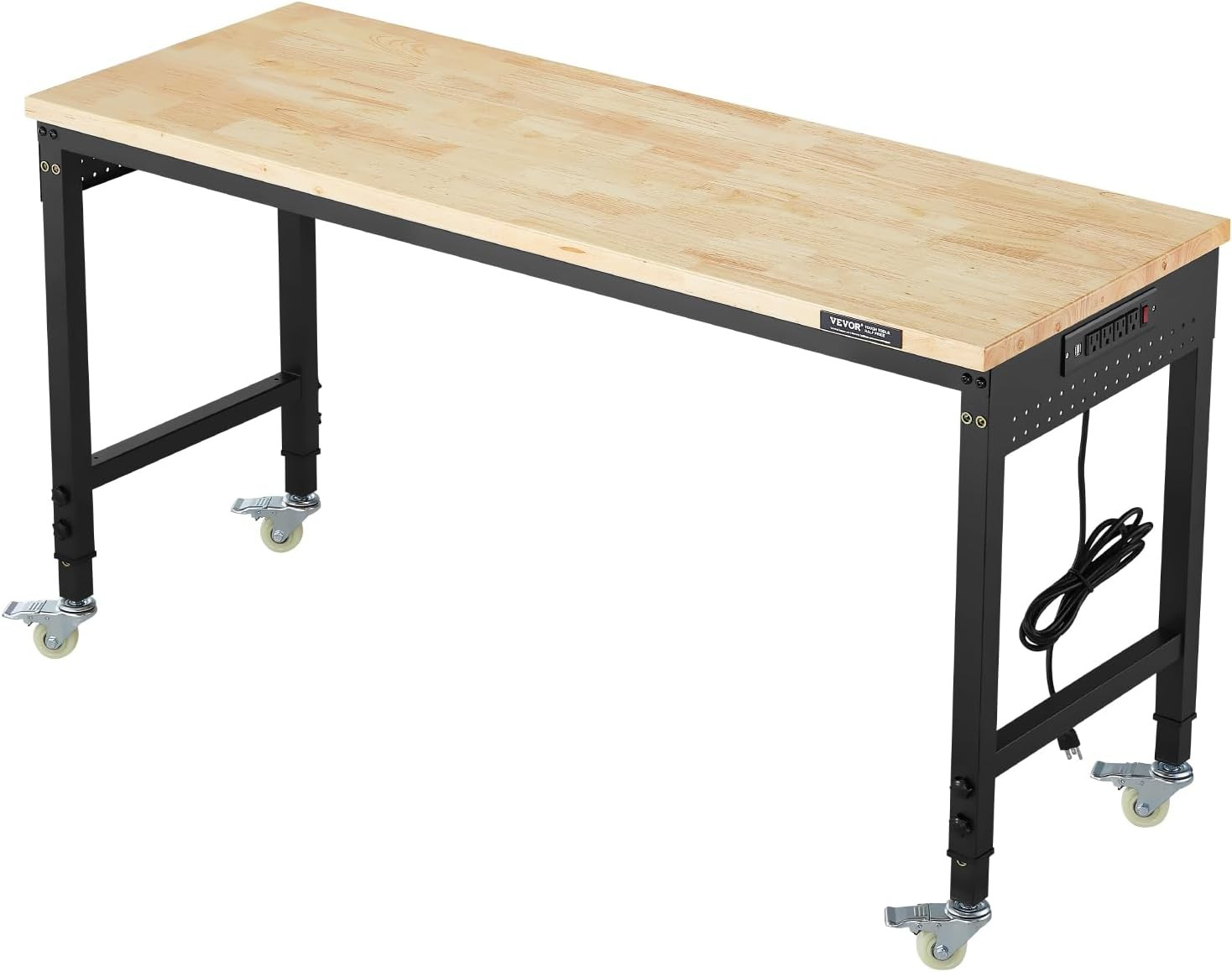Adjustable Workbench, 60 Inch Work Bench with Power Outlet, Wheels, and Pegboard