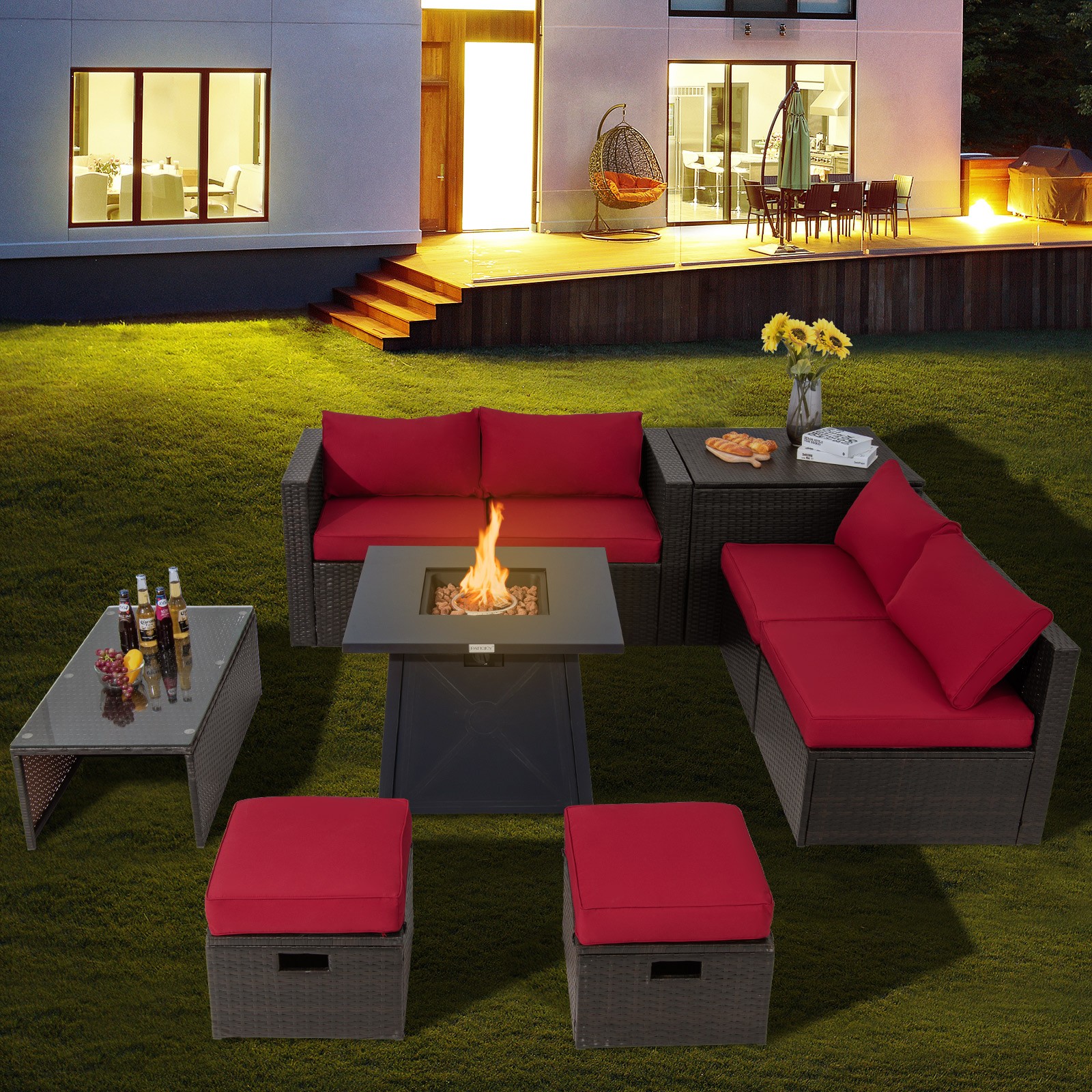 9PCS Patio Rattan Furniture Set Space Saving 30" Fire Pit Table Red Cover