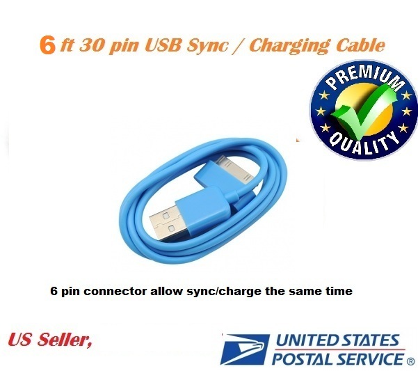 6ft Blue 30 pin to USB Sync Data Charging Charger Cable for iPad 1 2 3 iPhone4