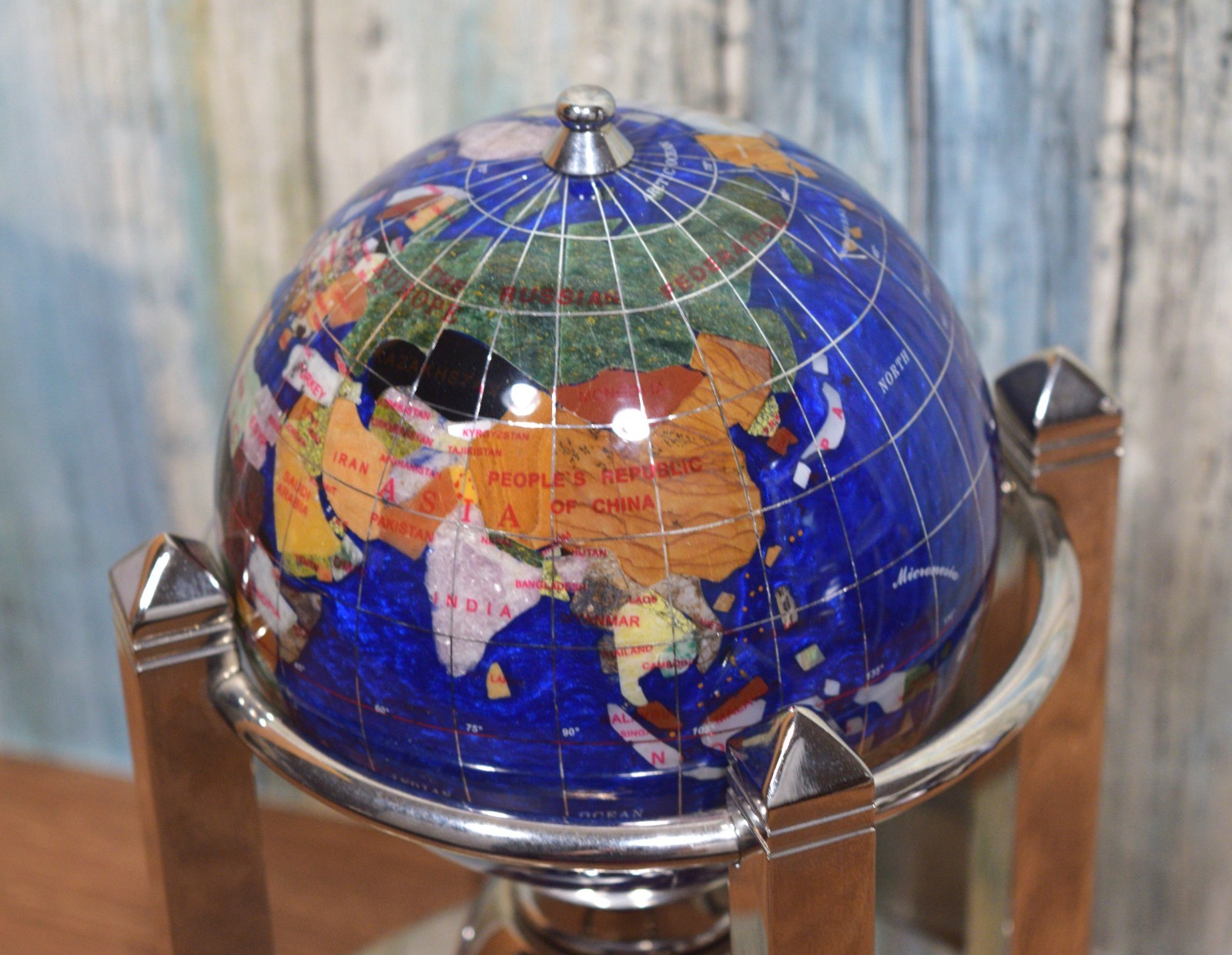Caribbean Blue Gemstone Rotating Musical Globe With Clock & Thermometer