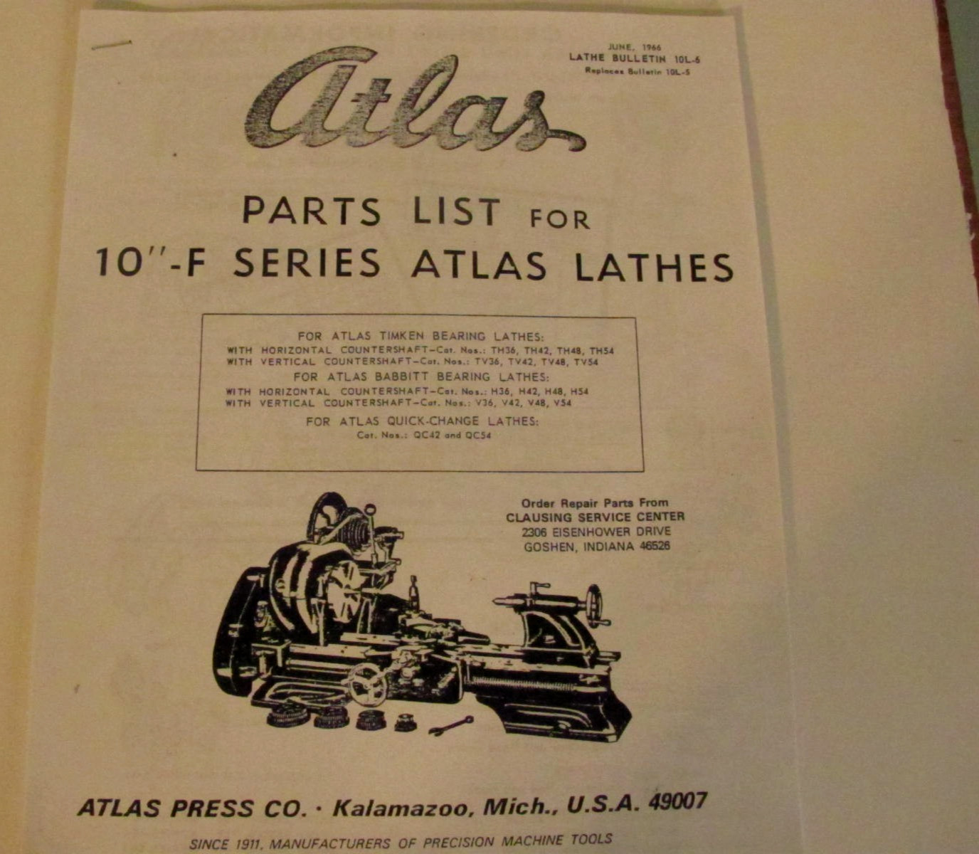 PARTS LIST FOR 10"- F SERIES ATLAS LATHES, ATLAS PRESS CO. BULLETIN JUNE 1966