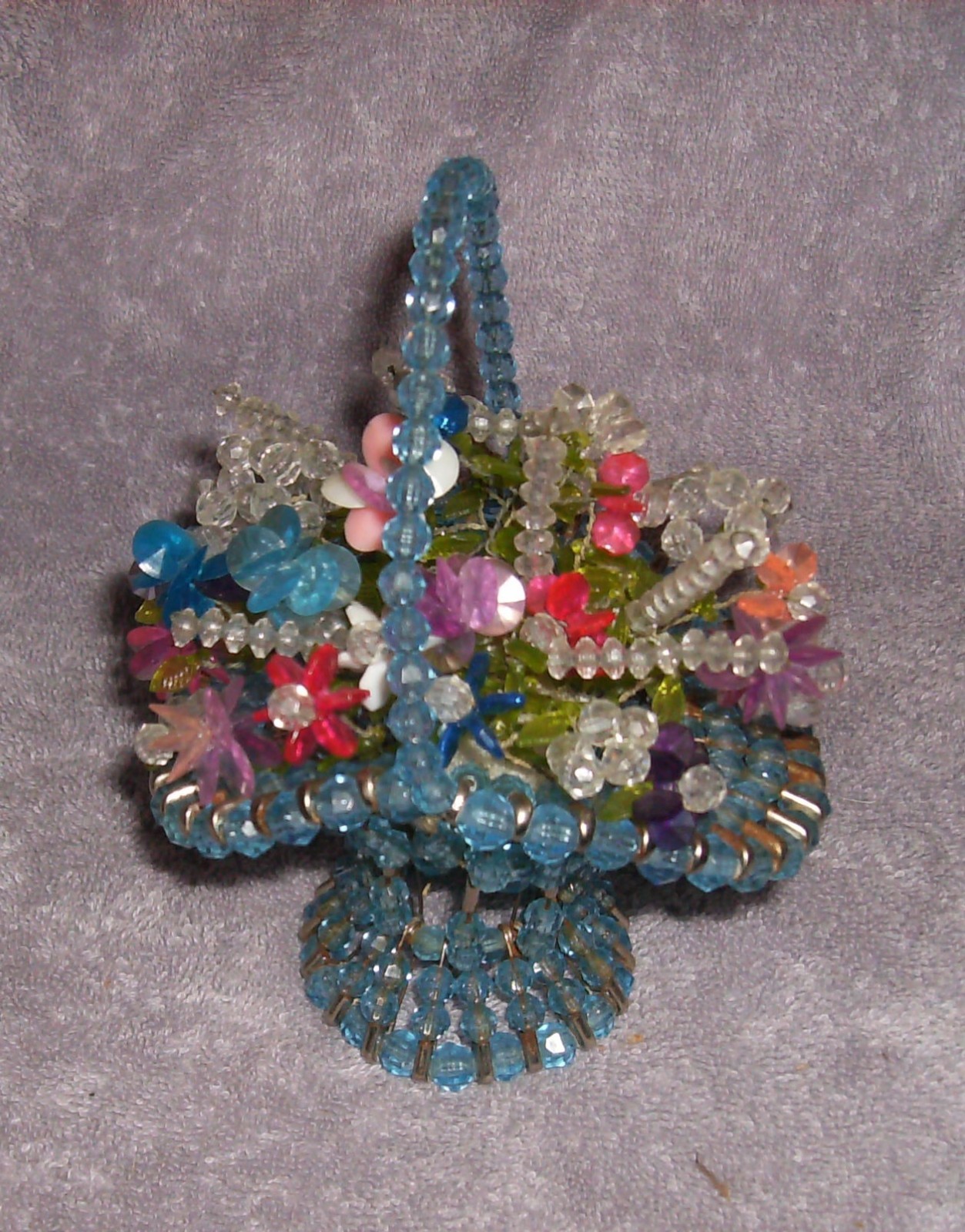 NEW BLUE BEADED FLOWER BASKET & MULTICOLOR BOUQUET 7" H HANDMADE IN USA BY ME!