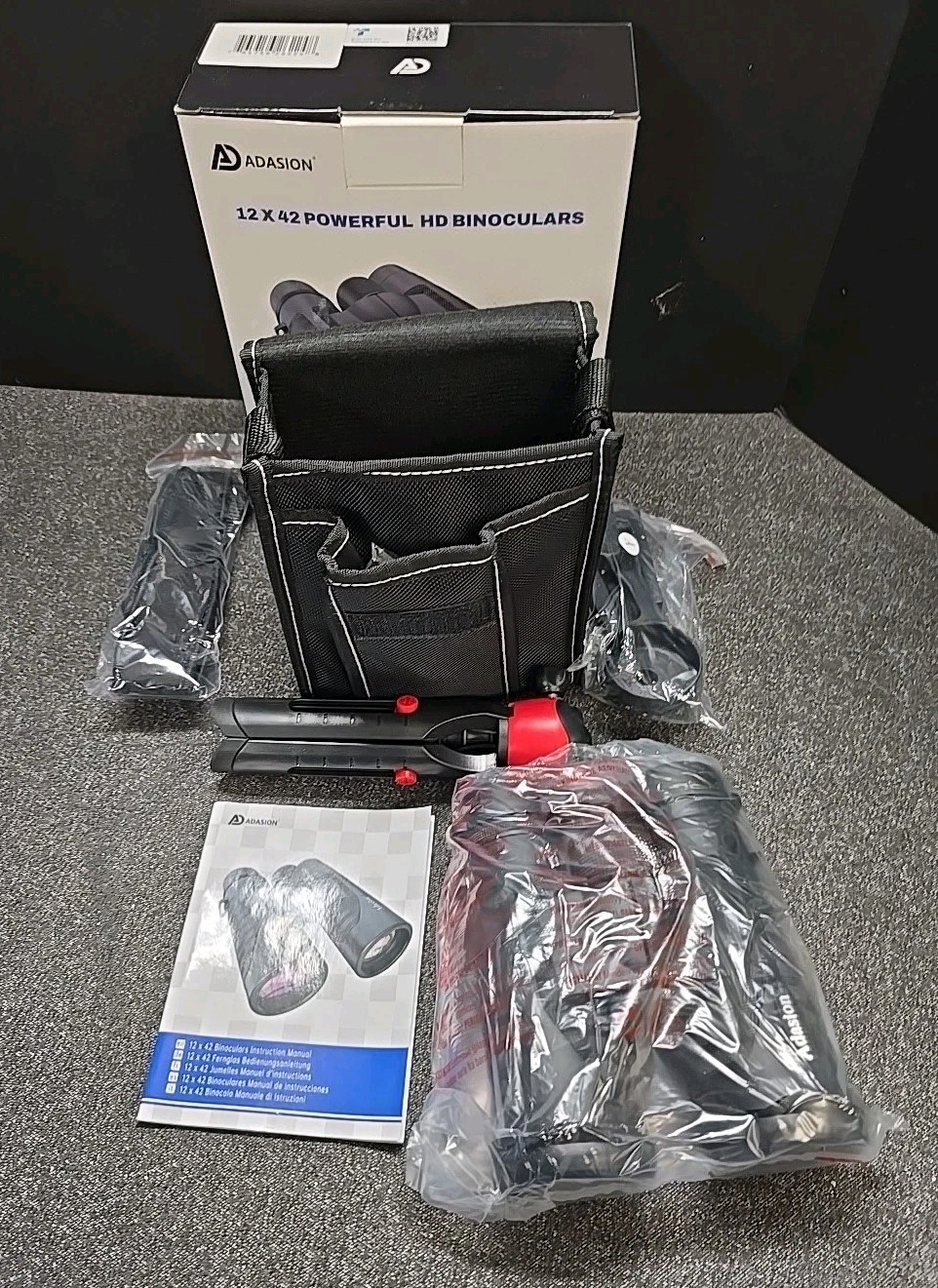 Adasion 12x42 Black Binoculars with Phone Adapter and Tabletop Tripod