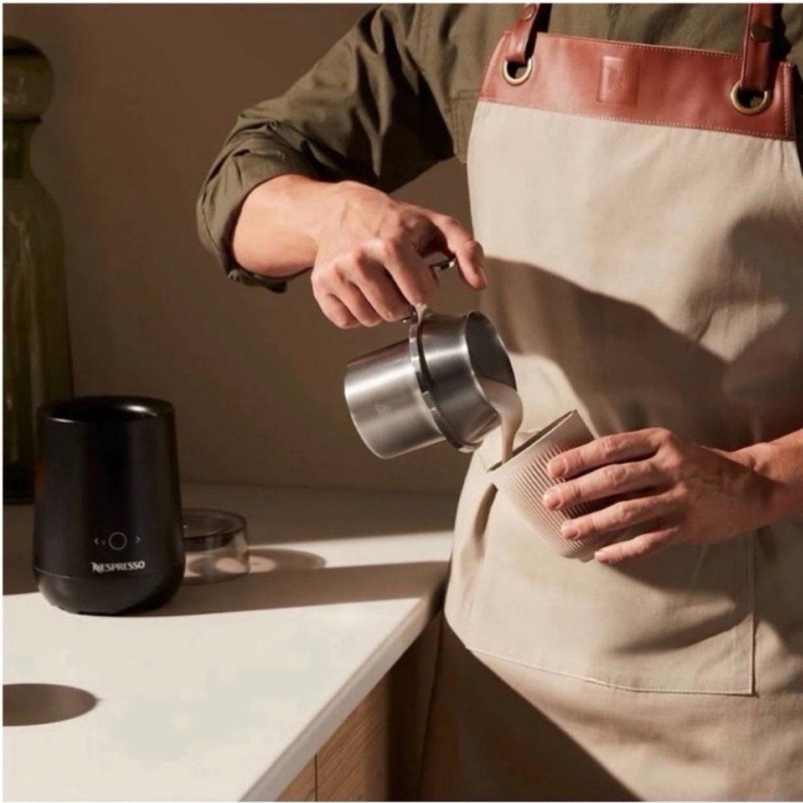 Nespresso Barista Collection Beige Canvas Apron with Neck Strap in Tan